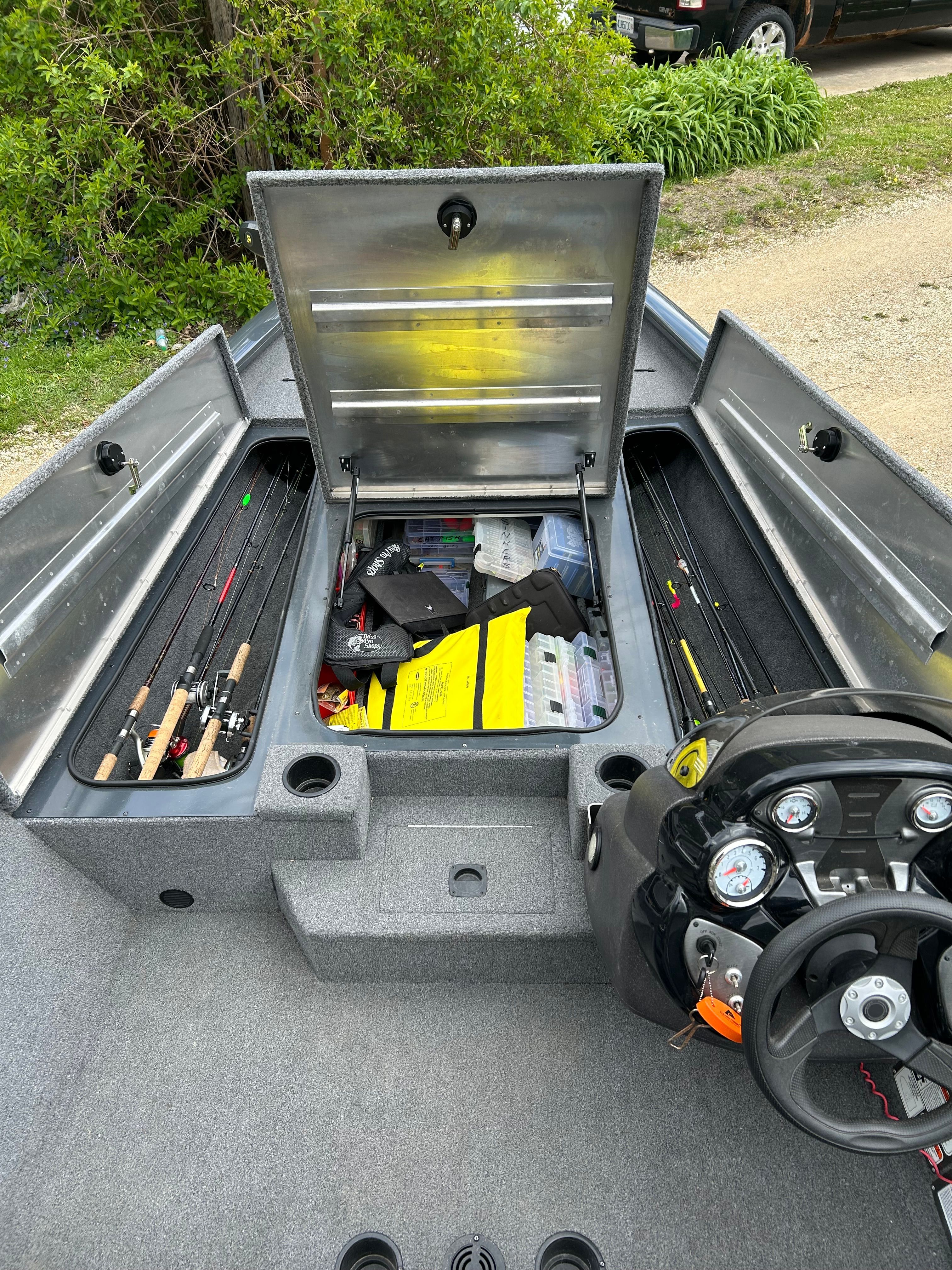 2021 Tracker Pro Team 190 TX boat interior with fishing gear.