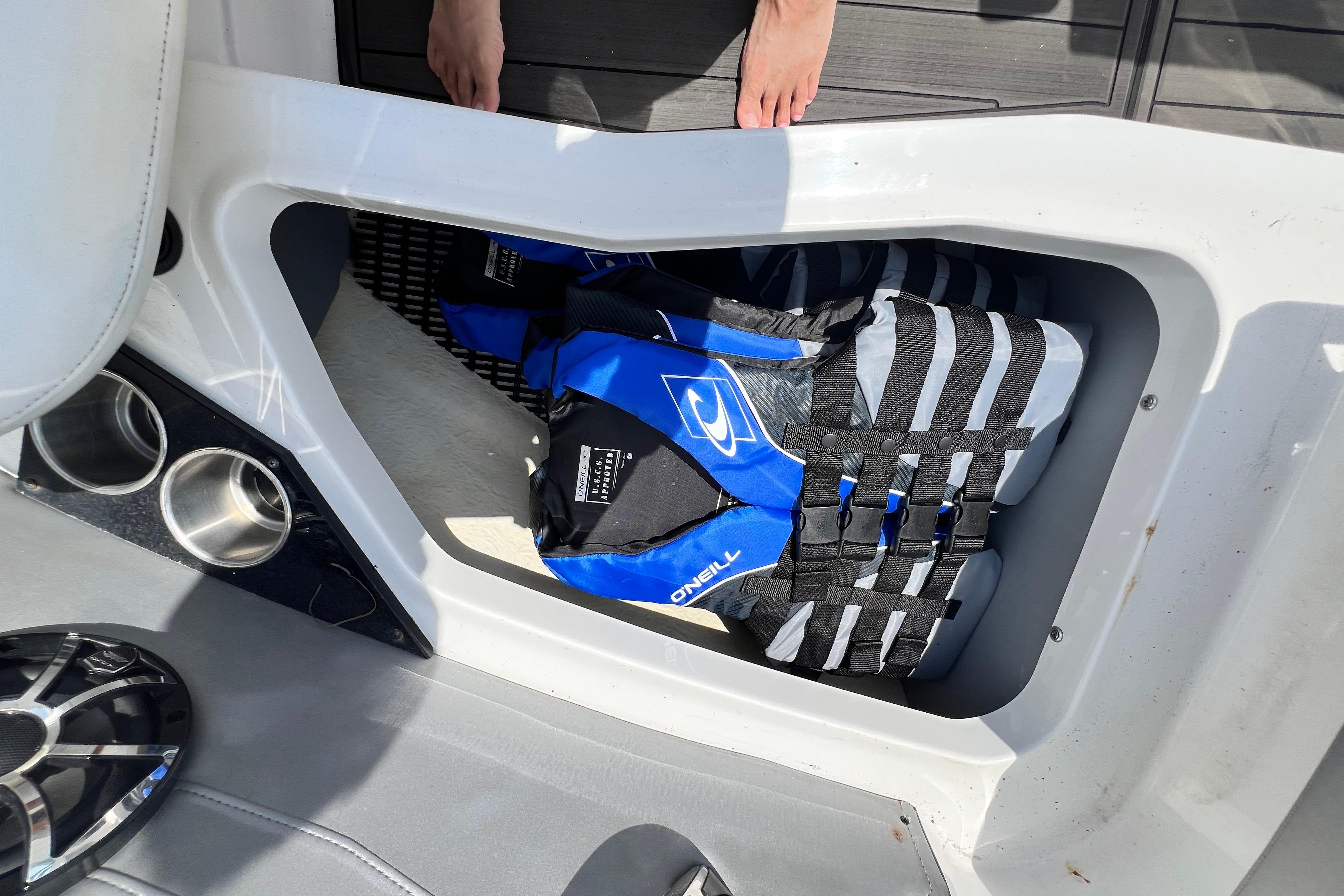 Storage compartment in 2015 Monterey 268SS Super Sport with life jackets.