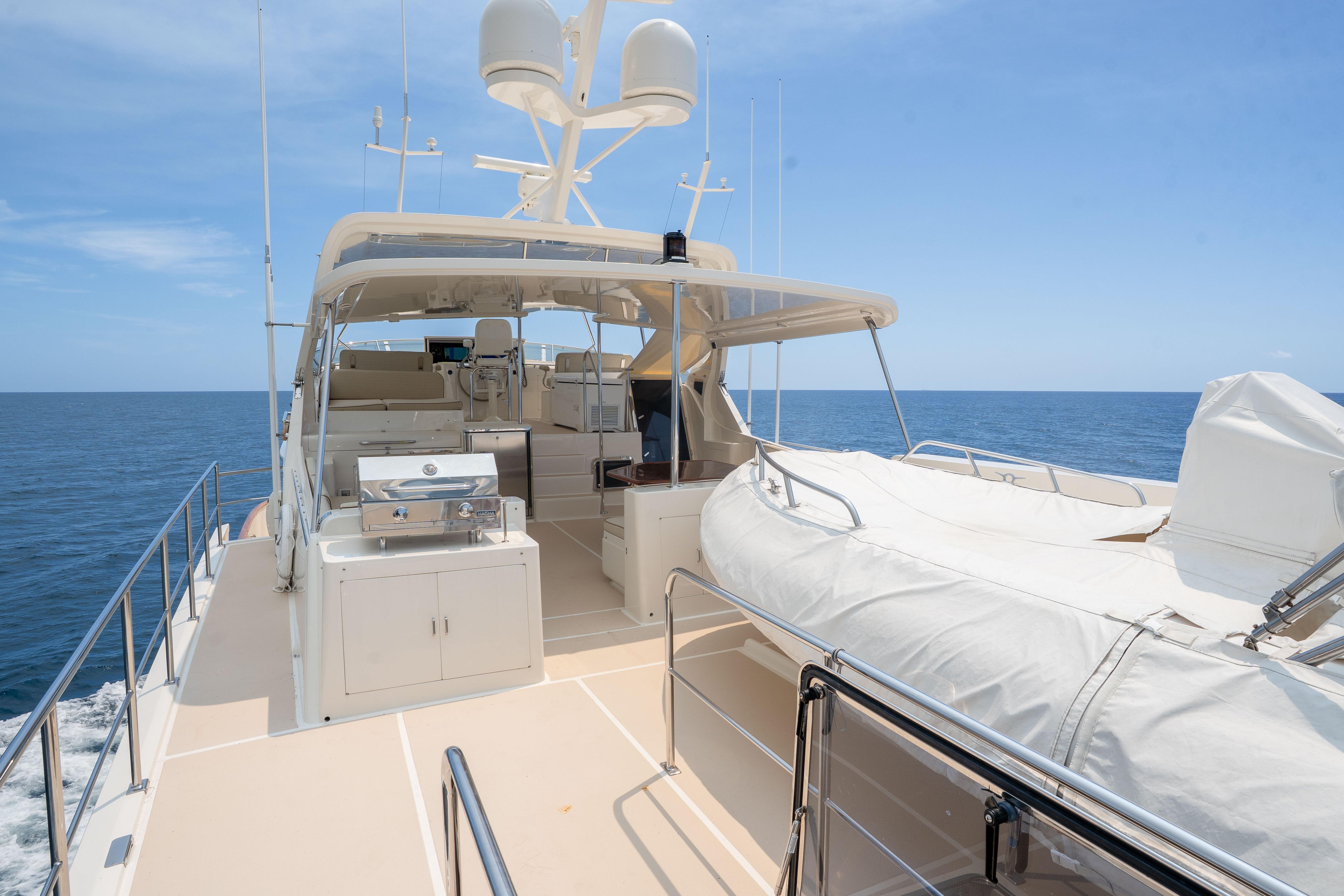 Luxurious 2006 Fleming 75 yacht deck with ocean view and seating area.