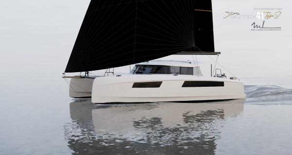 2025 Nautitech 41 Type S catamaran sailing on calm waters with sleek design.