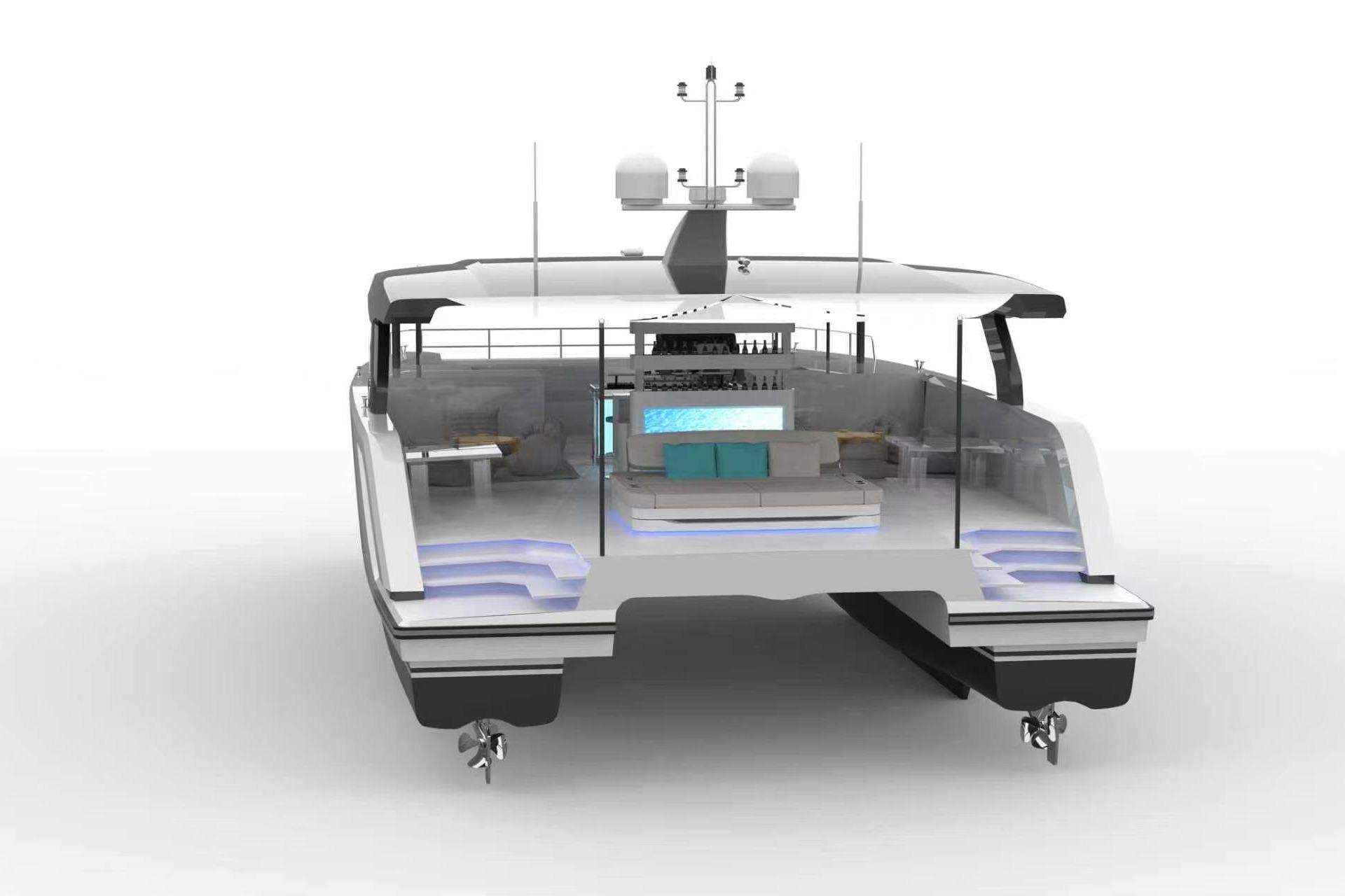2026 Catamaran Diamond Yachts P55 Power Catamaran, sleek design, luxurious interior, rear view.