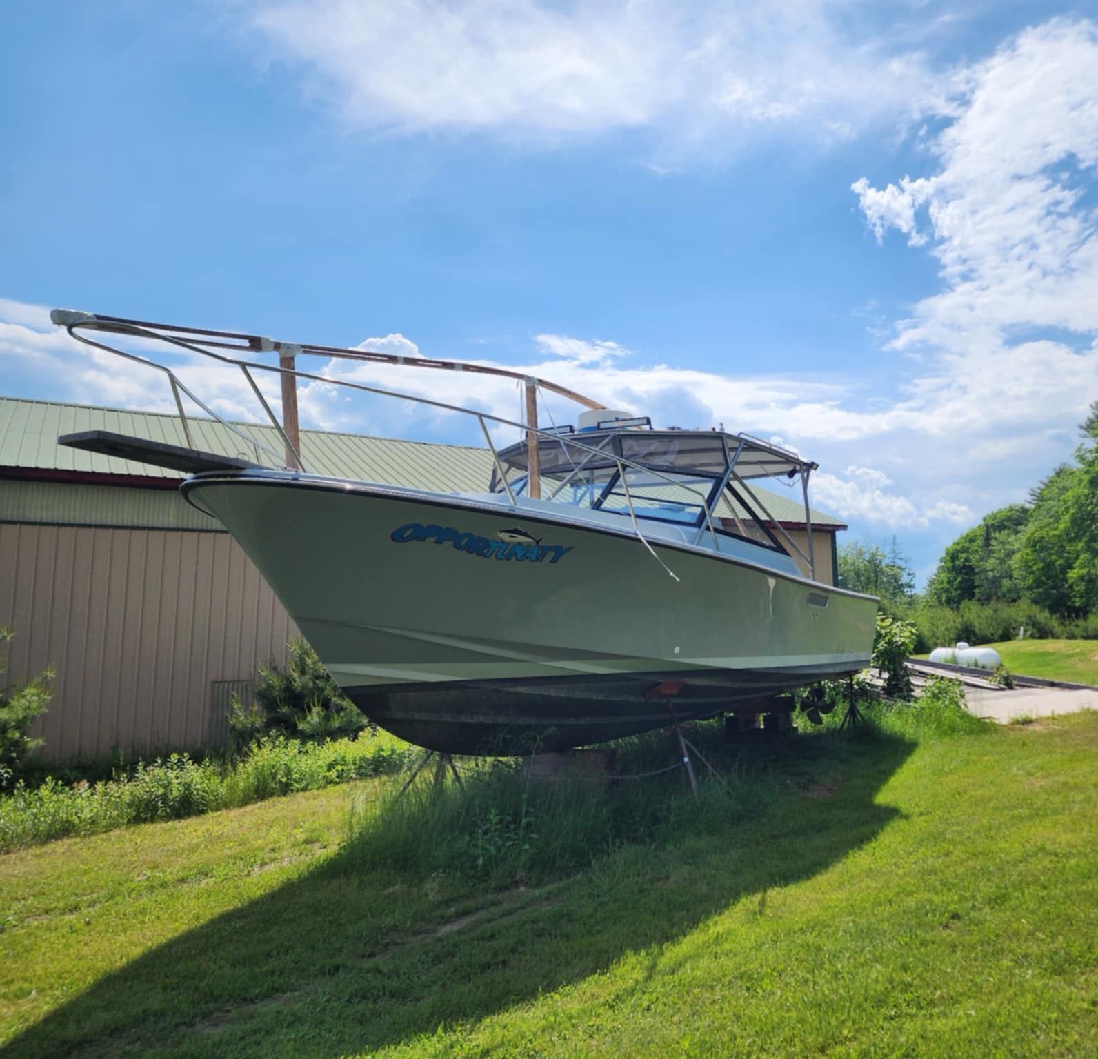 1989 Black Watch Custom 35 boat on grass under blue sky.