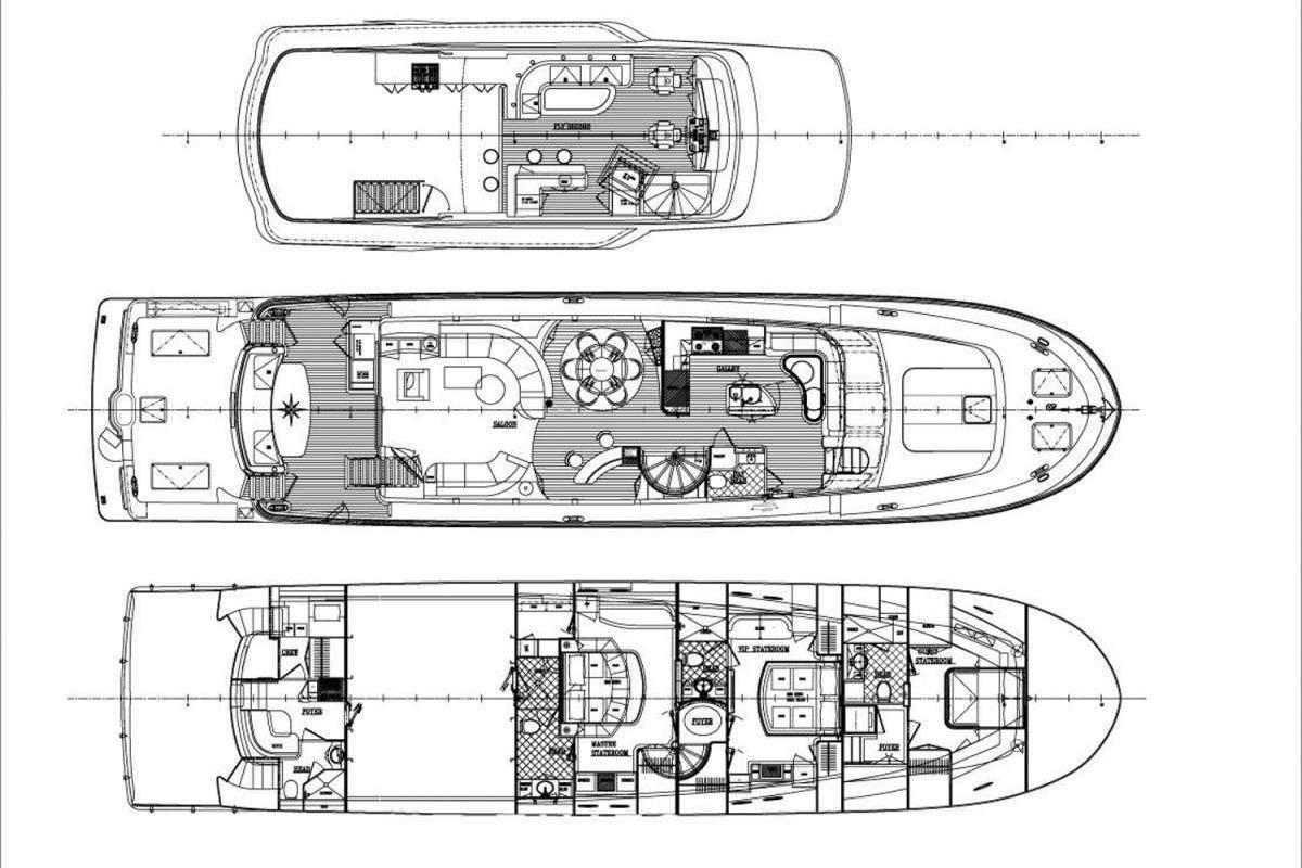 Floor plan of 2012 Cheoy Lee 84 Bravo yacht, showcasing three detailed levels.