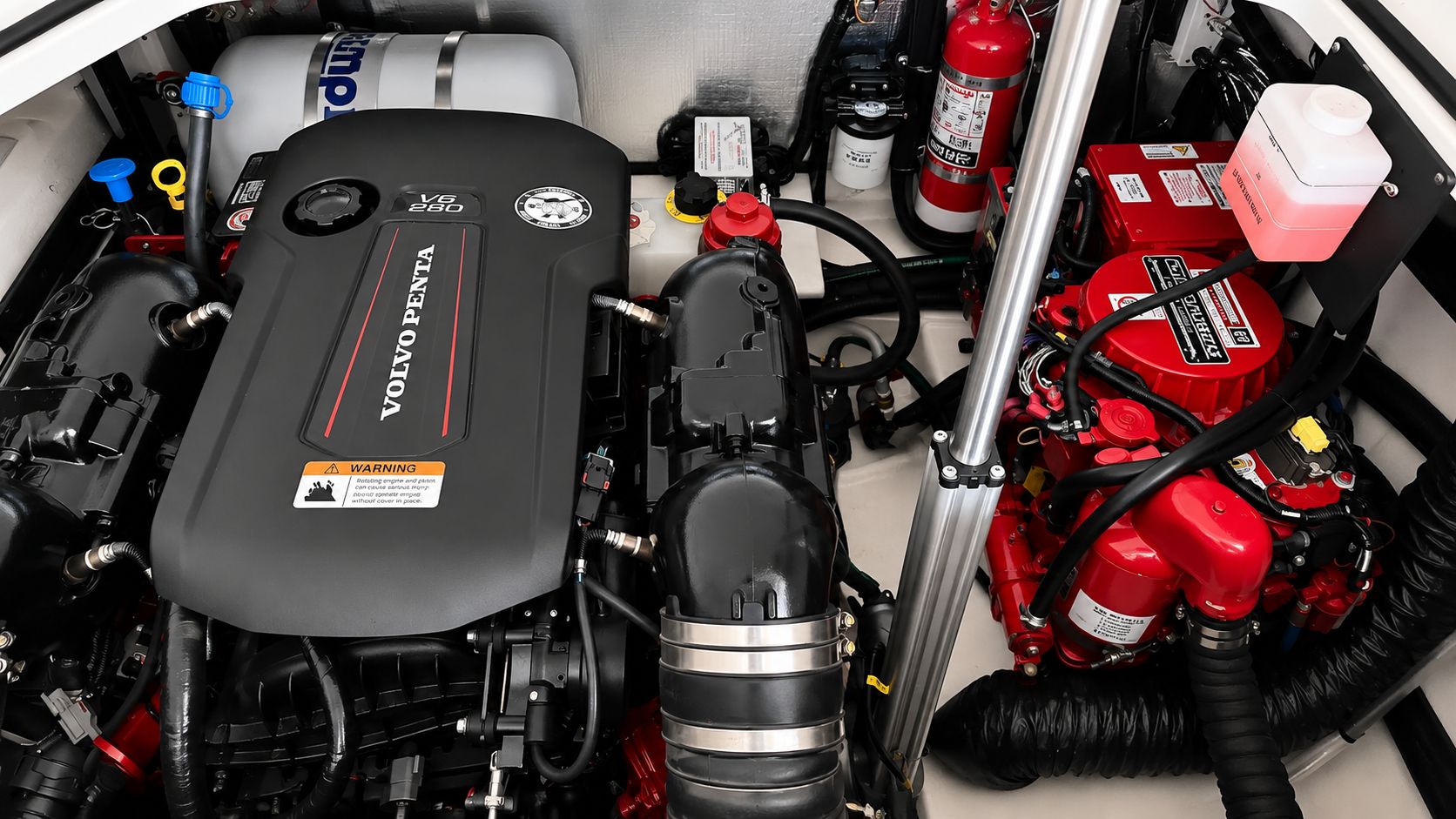 Engine compartment of a 2020 Regal 28 Express with a Volvo Penta V8 engine.