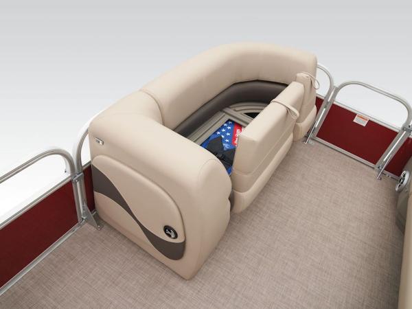 2024 Sun Tracker PARTY BARGE® 18 DLX interior seating with storage compartment.