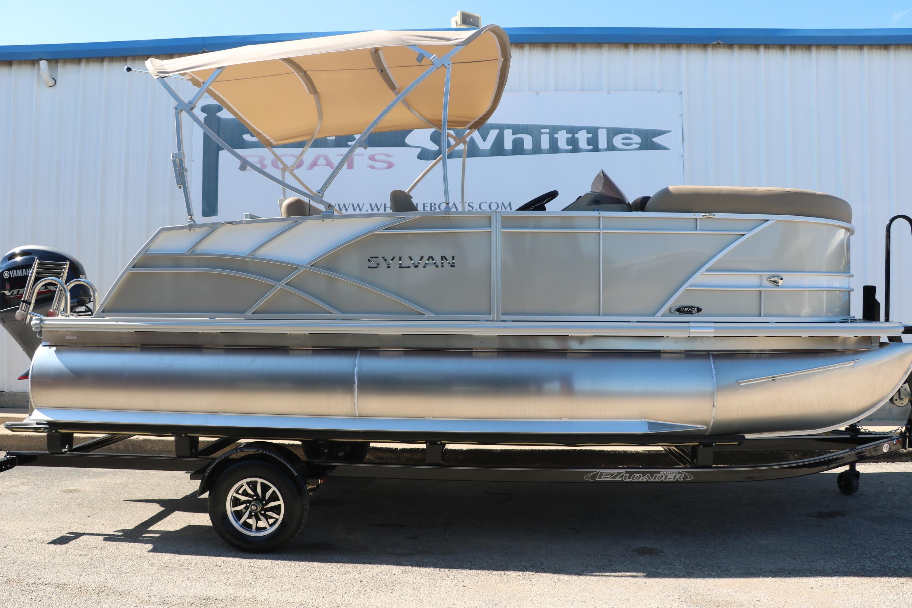 2025 Sylvan Mirage 820 CLZ DH pontoon boat with canopy on trailer.