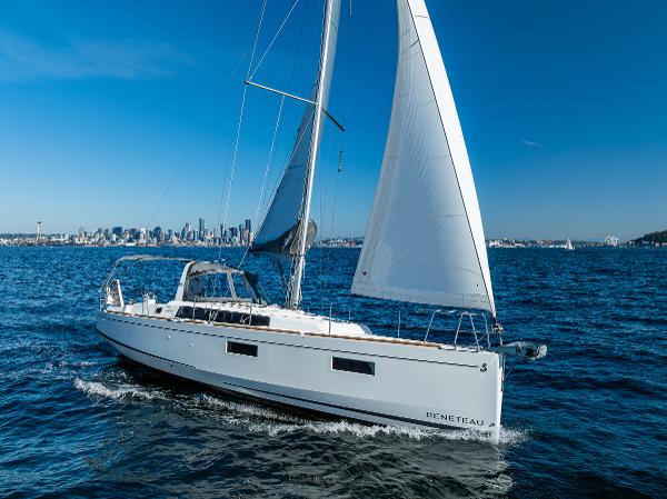 2021 Beneteau Oceanis 38.1 sailboat on open water.