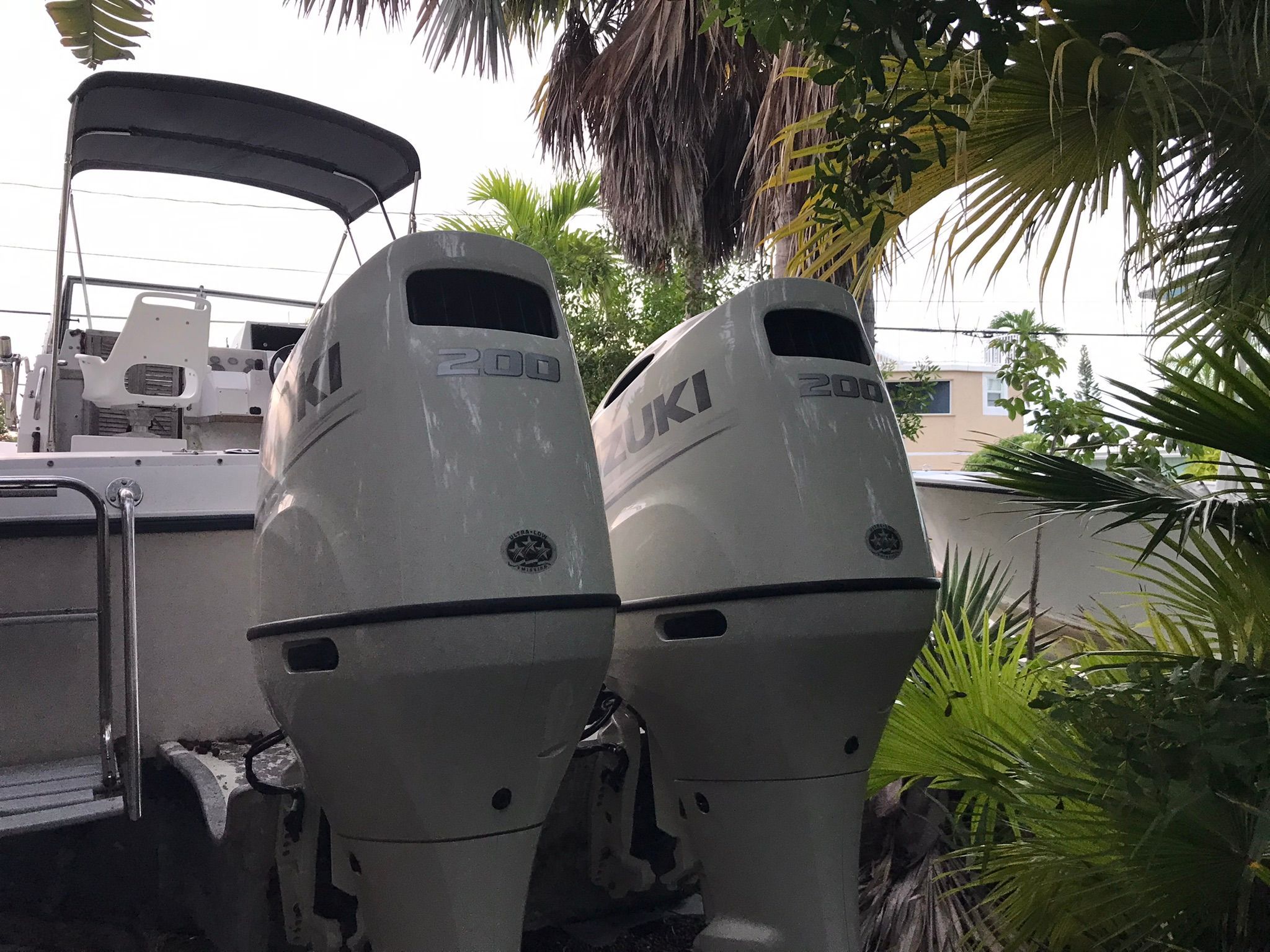 Two Suzuki outboard motors on a Grady-White boat, surrounded by tropical plants.