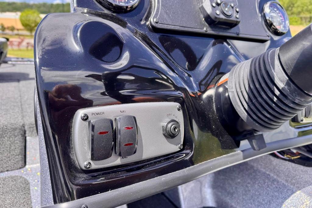 Control panel of a 2026 Nitro Z17 boat with power and navigation switches.
