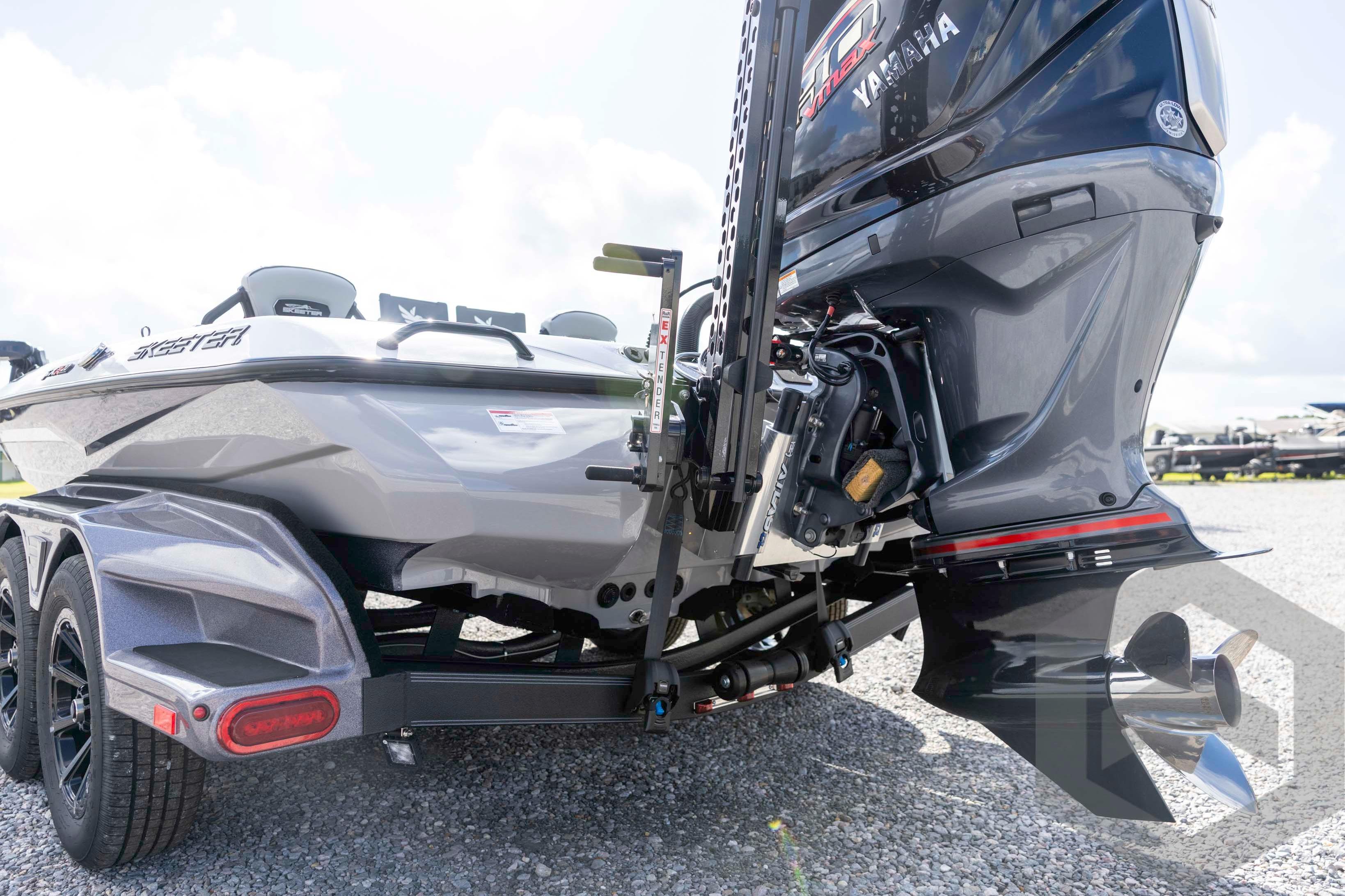 2026 Skeeter FXR20 FLEX boat with Yamaha engine on a trailer, rear view.