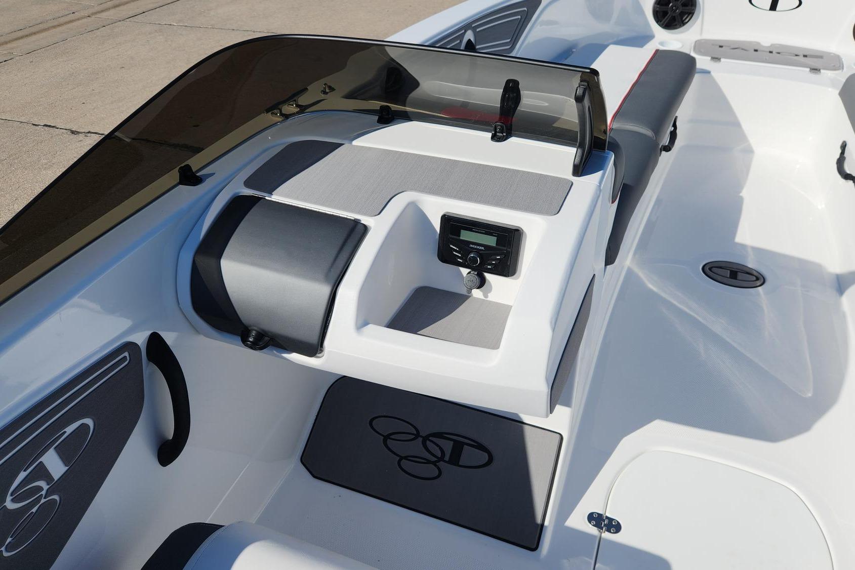 2026 Tahoe T21 boat interior with sleek dashboard and modern seating design.