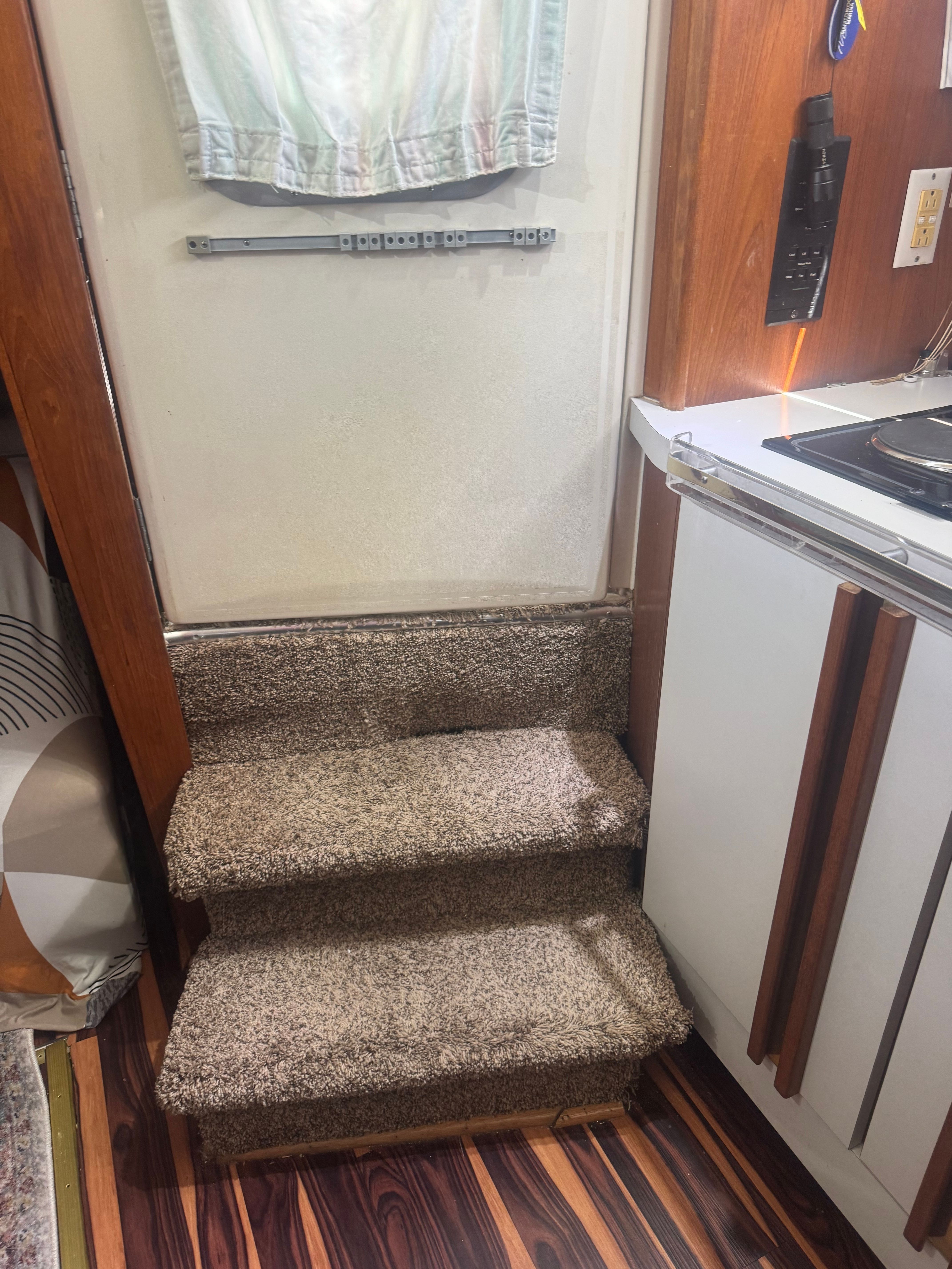 Carpeted steps lead to a door in a yacht cabin with wood flooring and a white kitchenette.