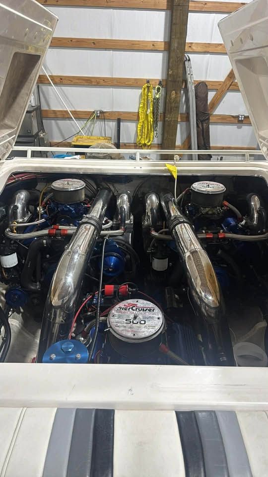 Engine compartment of a 1996 Fountain 42Ft boat with powerful engines.
