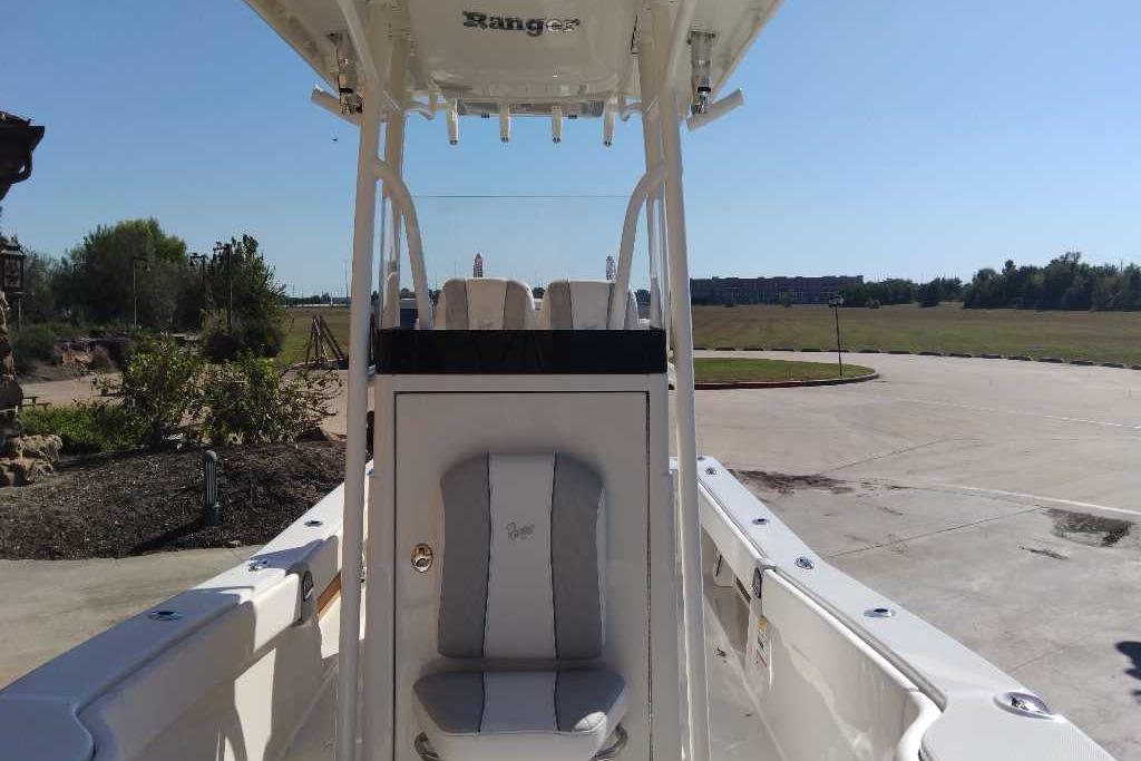 2026 Ranger 2600 Bay boat with sleek design, parked outdoors on a sunny day.