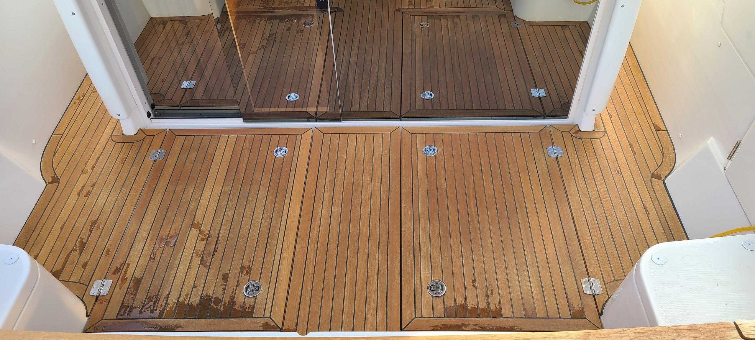 Teak deck of Greenline 33 boat, year 2019.