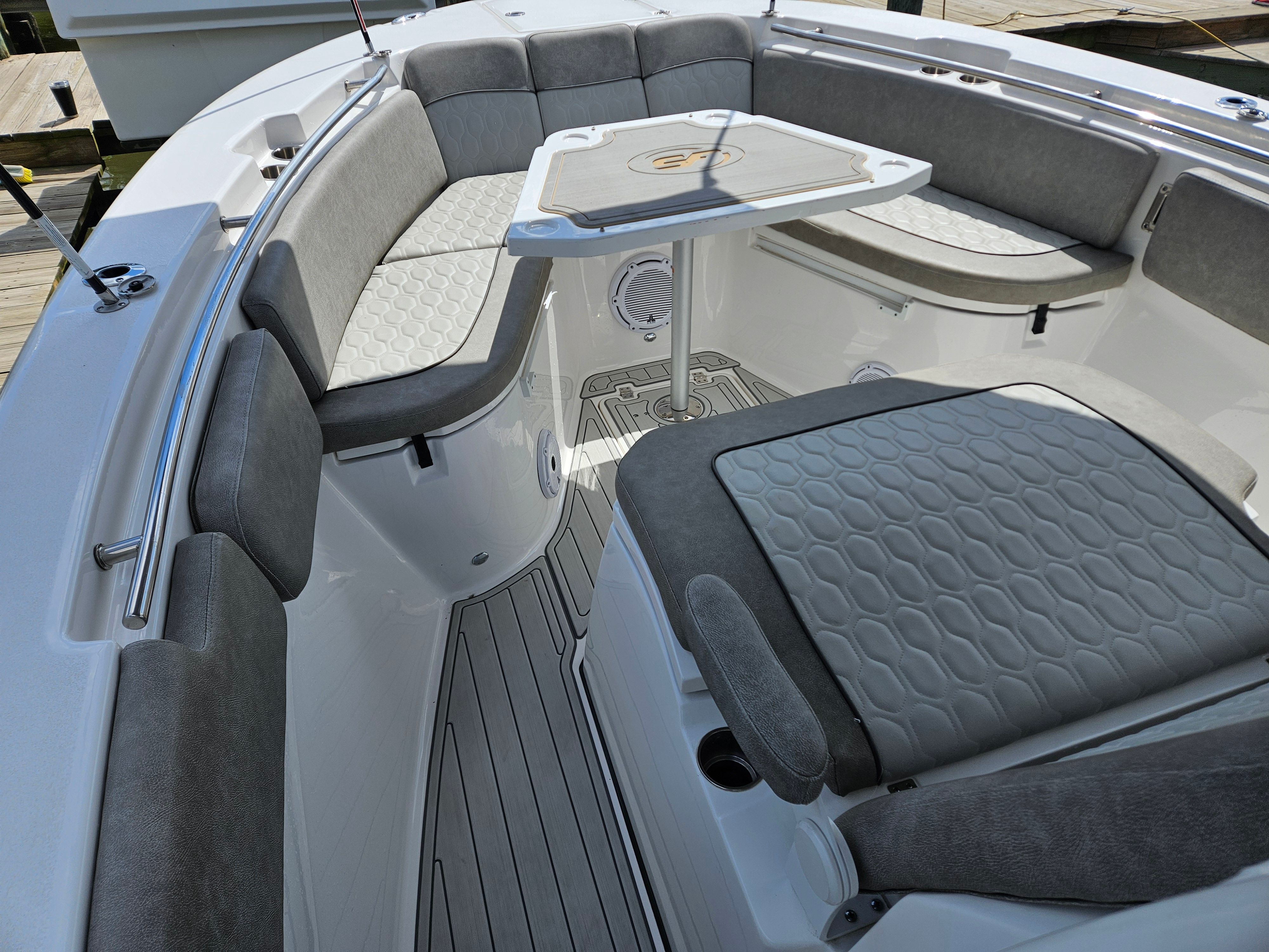 Interior of 2021 Sea Fox 288 Commander with gray upholstery.