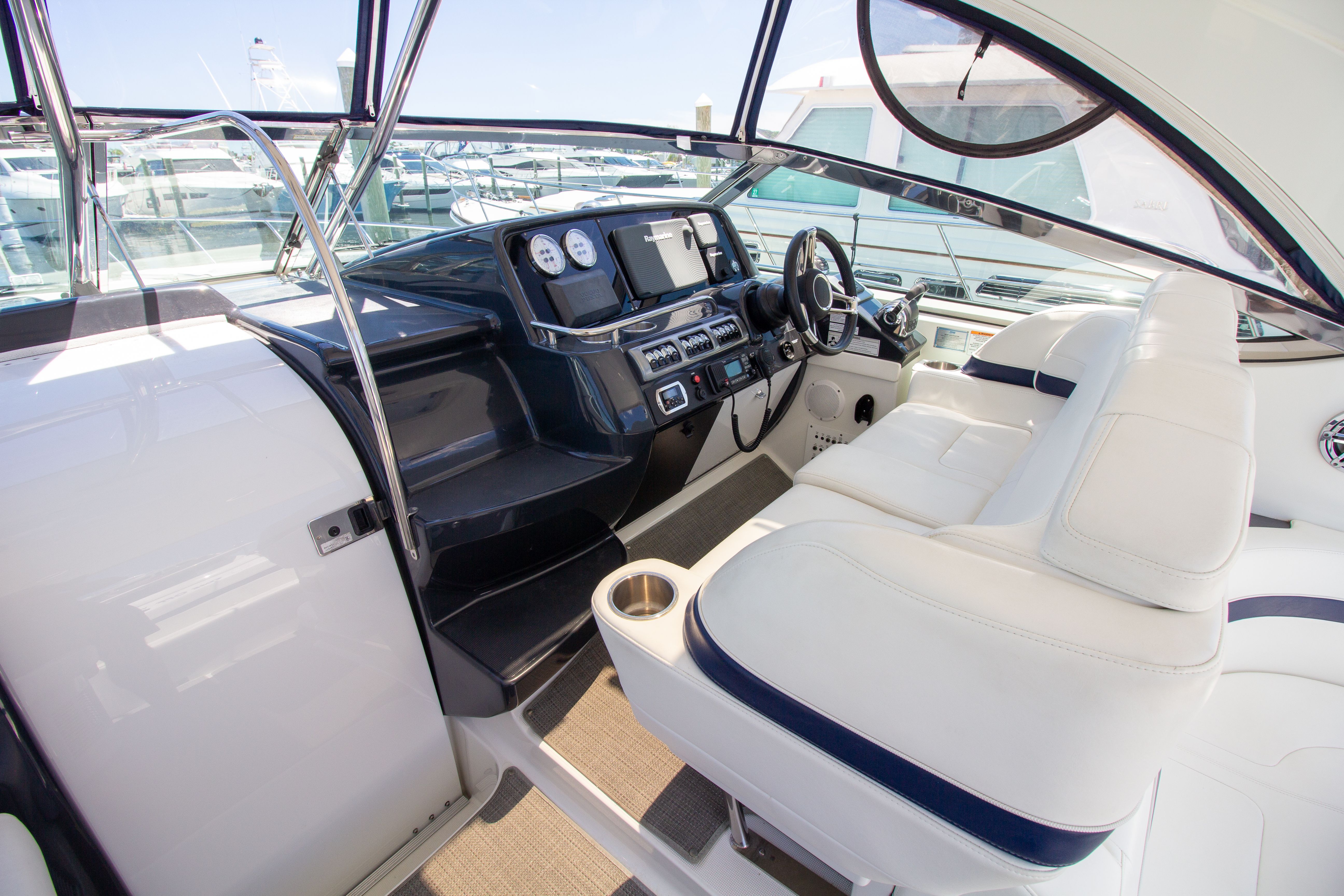 Interior of a 2016 Formula 40 Performance Cruiser with helm station.