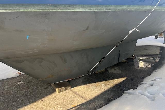 1987 Irwin 43 Mk II Cruiser hull on blocks, winter setting.