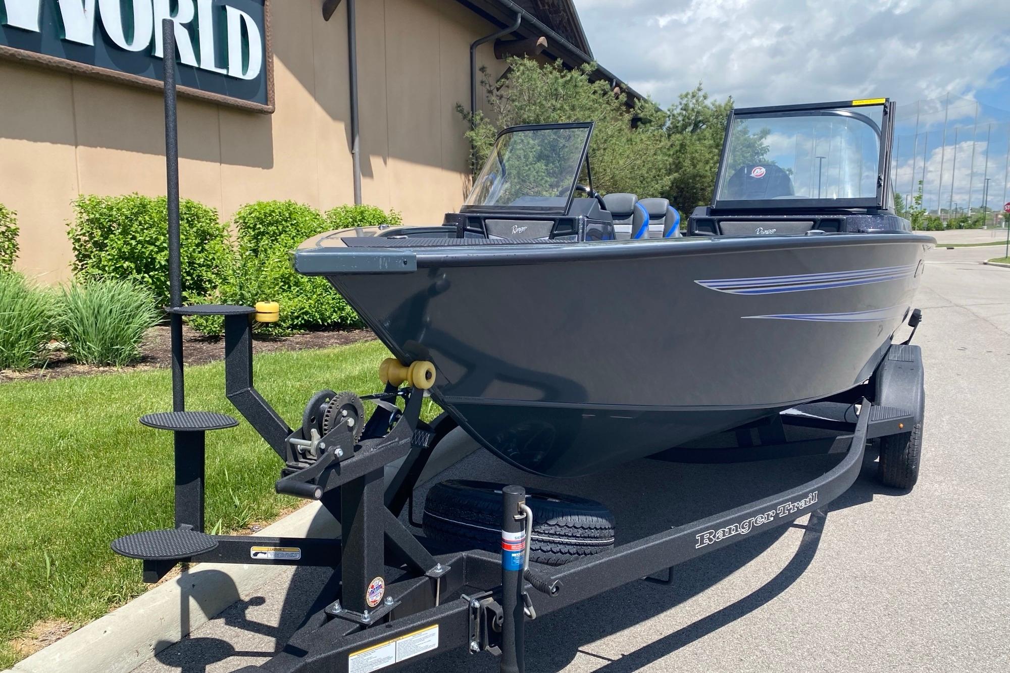 2026 Ranger VX1888 WT boat on trailer outside dealership.
