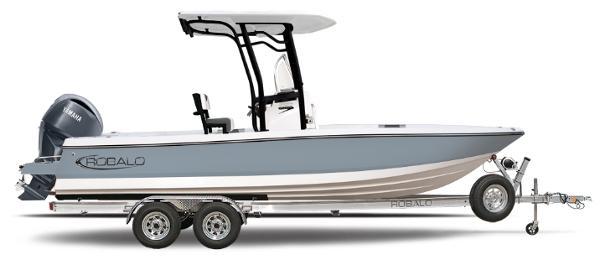 2025 Robalo 226 Cayman boat on trailer, side view, featuring sleek design and Yamaha engine.