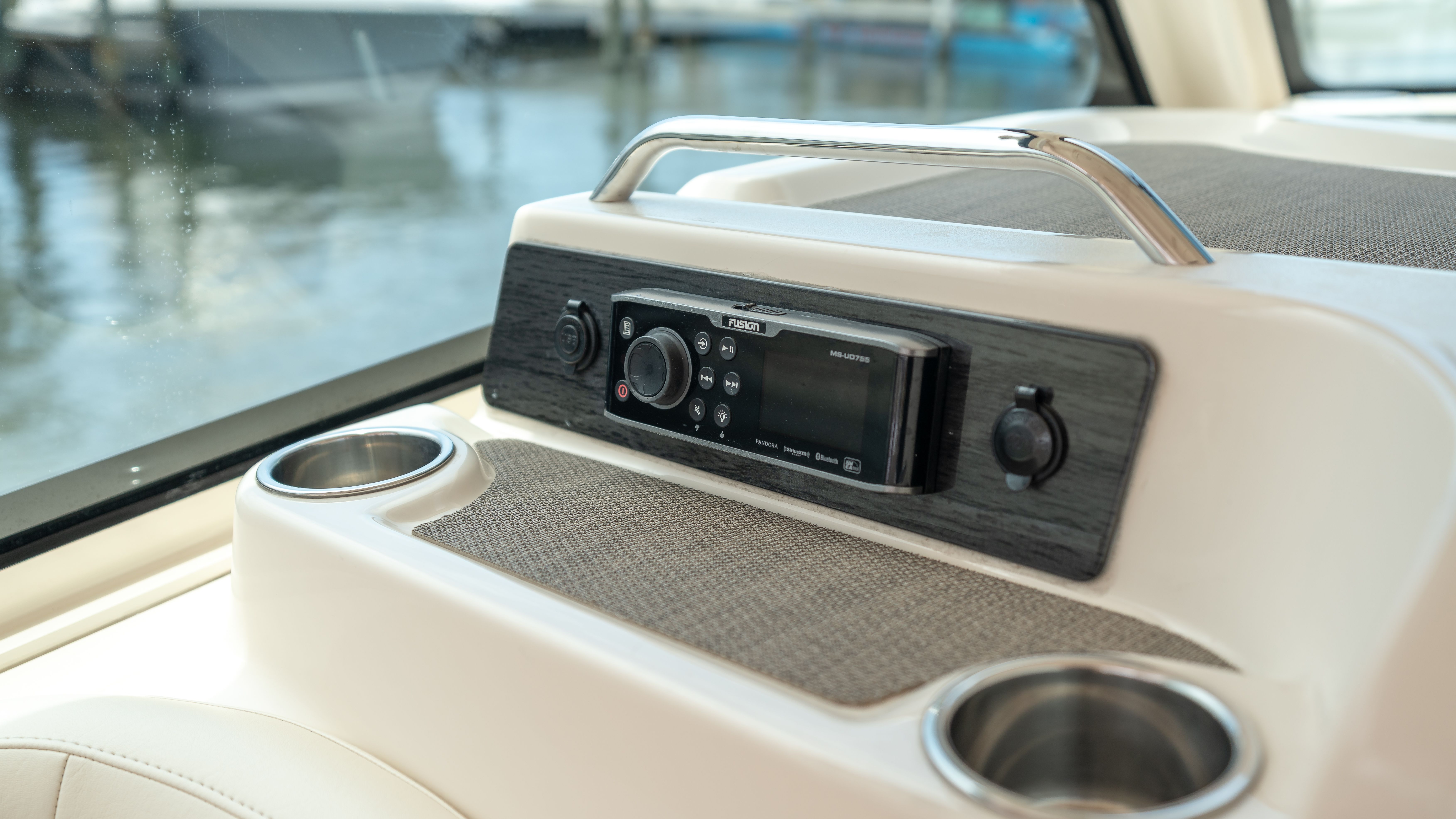 Close-up of the helm area on a Grady-White 375 Freedom.