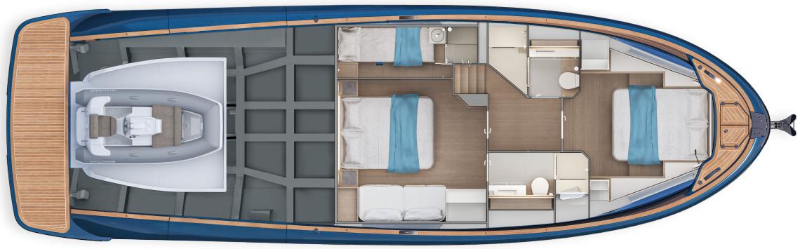 Top view of 2025 Solaris 52 Coupe yacht interior layout with cabins and amenities.