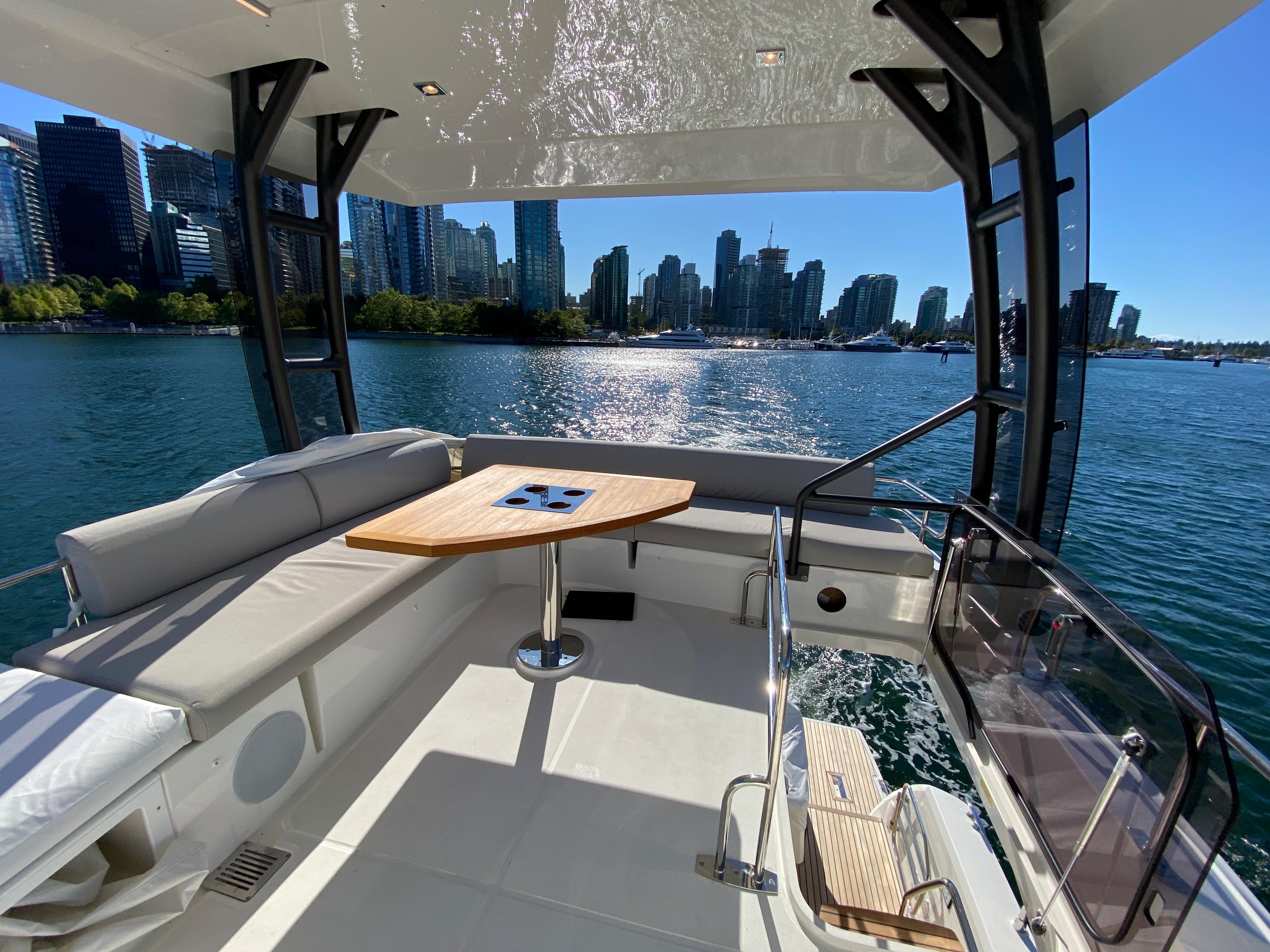 Prestige 460 yacht deck with city skyline view, 2022 model.