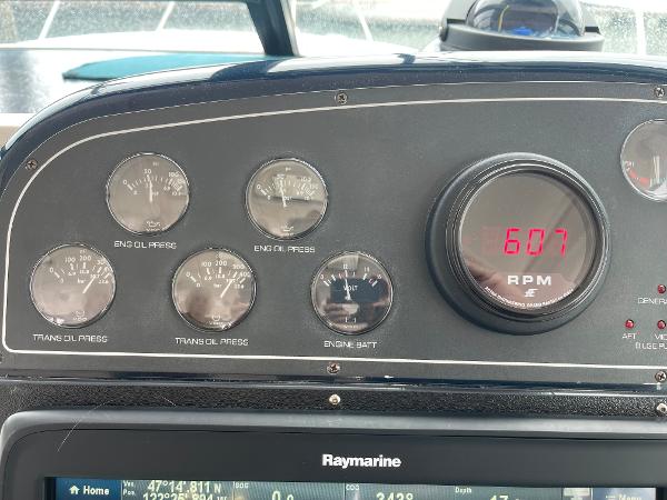 Dashboard of a 2003 Tiara Yachts 3500 Open, showing engine gauges and RPM display.