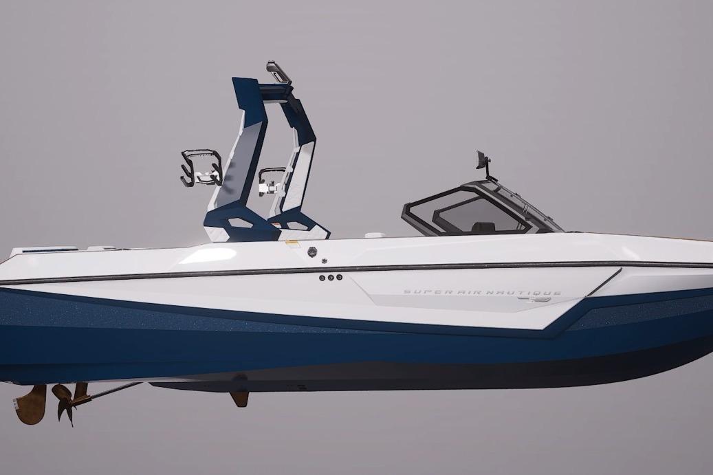 2027 Nautique Super Air Nautique S23 boat, sleek design, blue and white color scheme.