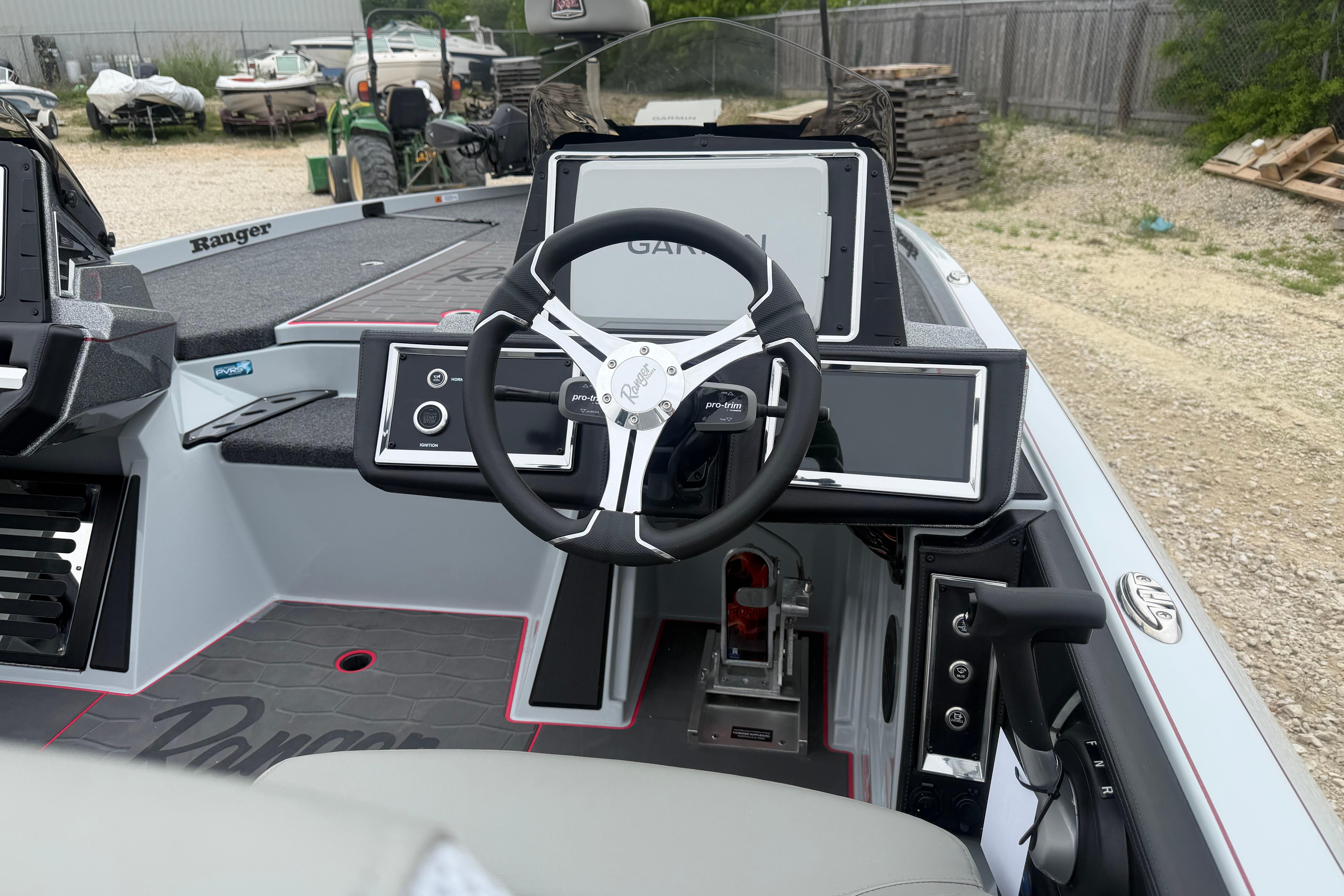 2026 Ranger Z521R Cup-Equipped boat dashboard with advanced controls and Garmin display.