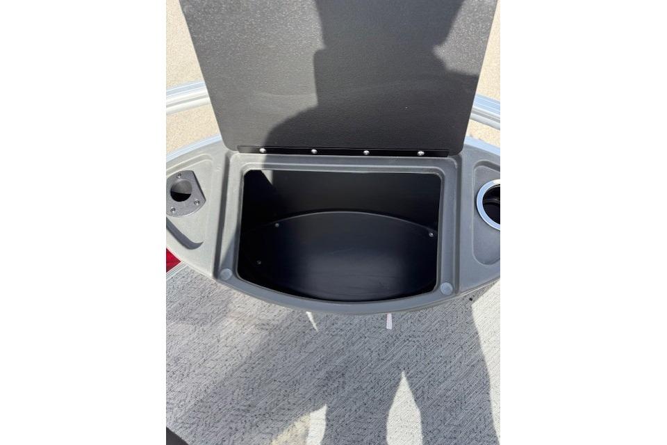 Open storage compartment on 2026 Sun Tracker Bass Buggy 18 DLX boat.