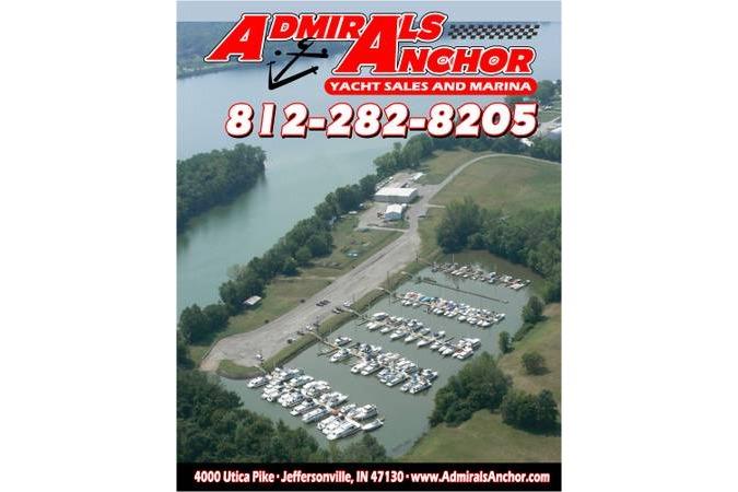 Aerial view of Admirals Anchor marina with yachts, contact details, and location in Jeffersonville, Indiana.