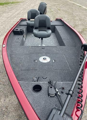 2025 Tracker Super Guide V-16 T boat with red exterior and dual seating.