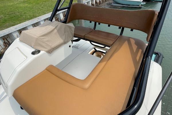 2020 Scout 420 LXF boat interior with tan seating and sleek design.
