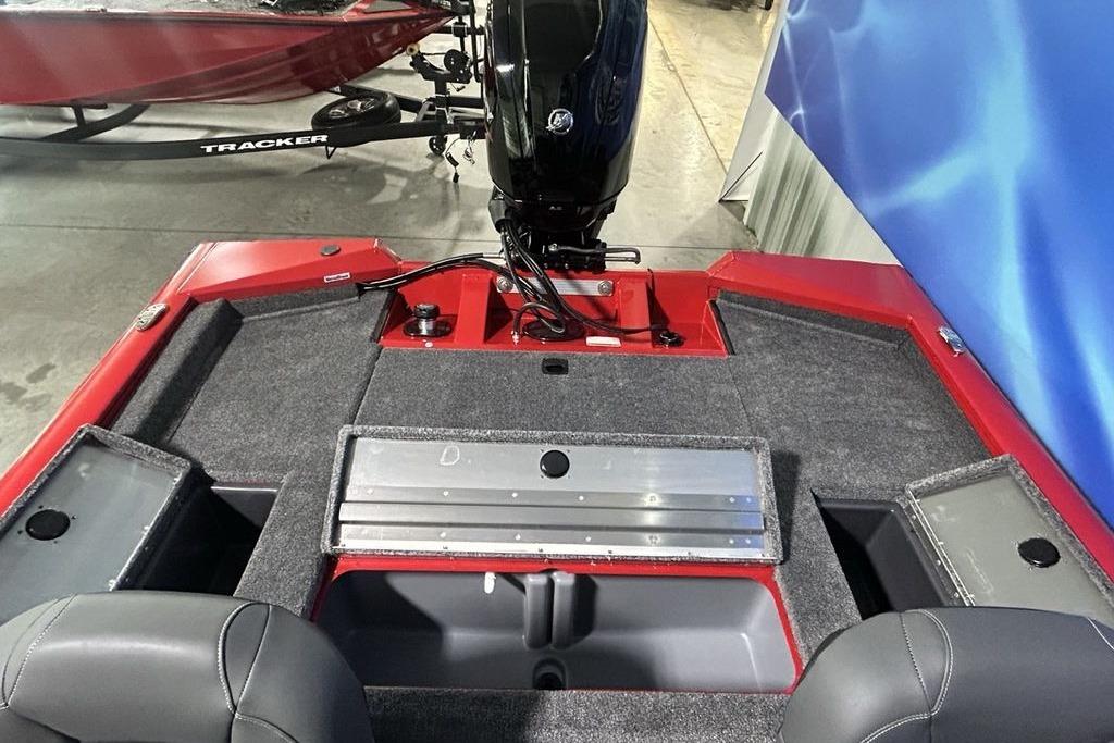 2026 Tracker Pro Team 175 Crappie Edition boat interior with motor, red and gray design.