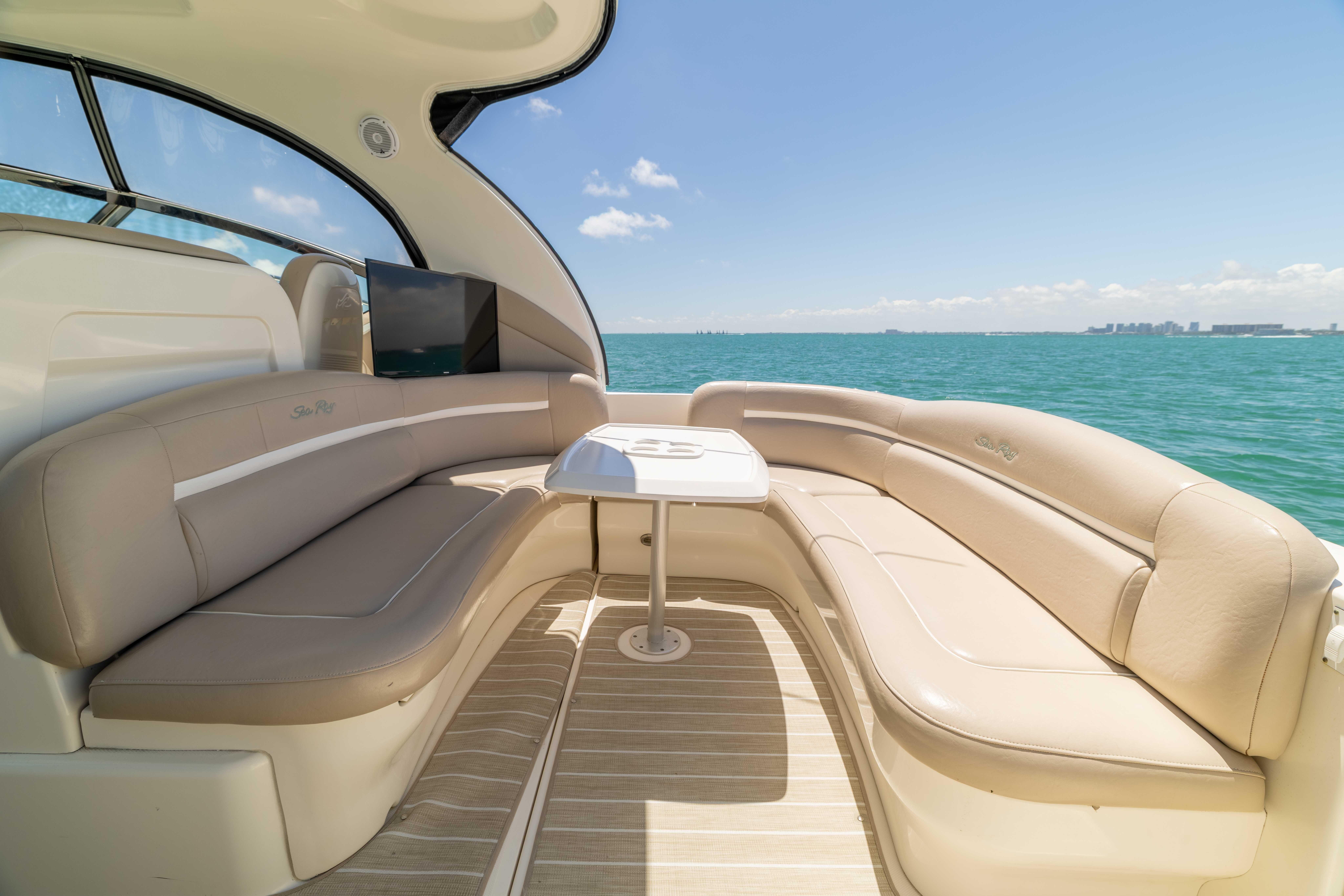 Luxurious 2009 Sea Ray 40 Sundancer yacht interior with ocean view.