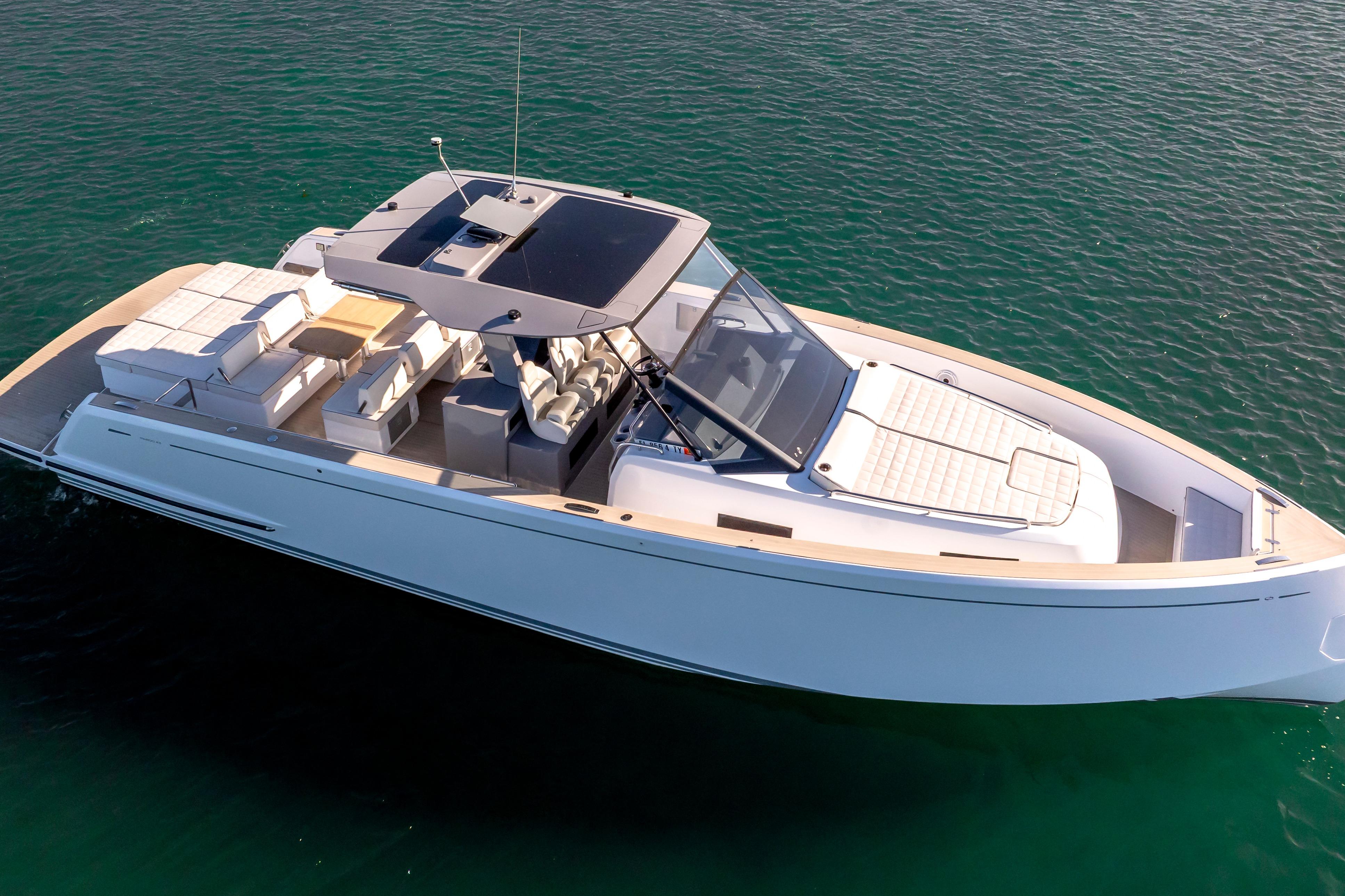 2024 Pardo Yachts P43 luxury yacht on calm water, showcasing sleek design and spacious deck.