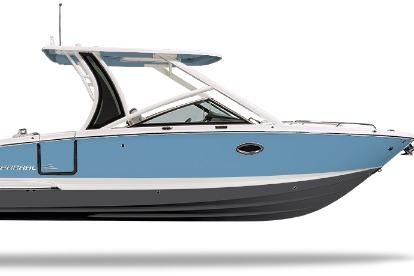 2026 Chaparral 280 OSX boat, side view, blue and white design.