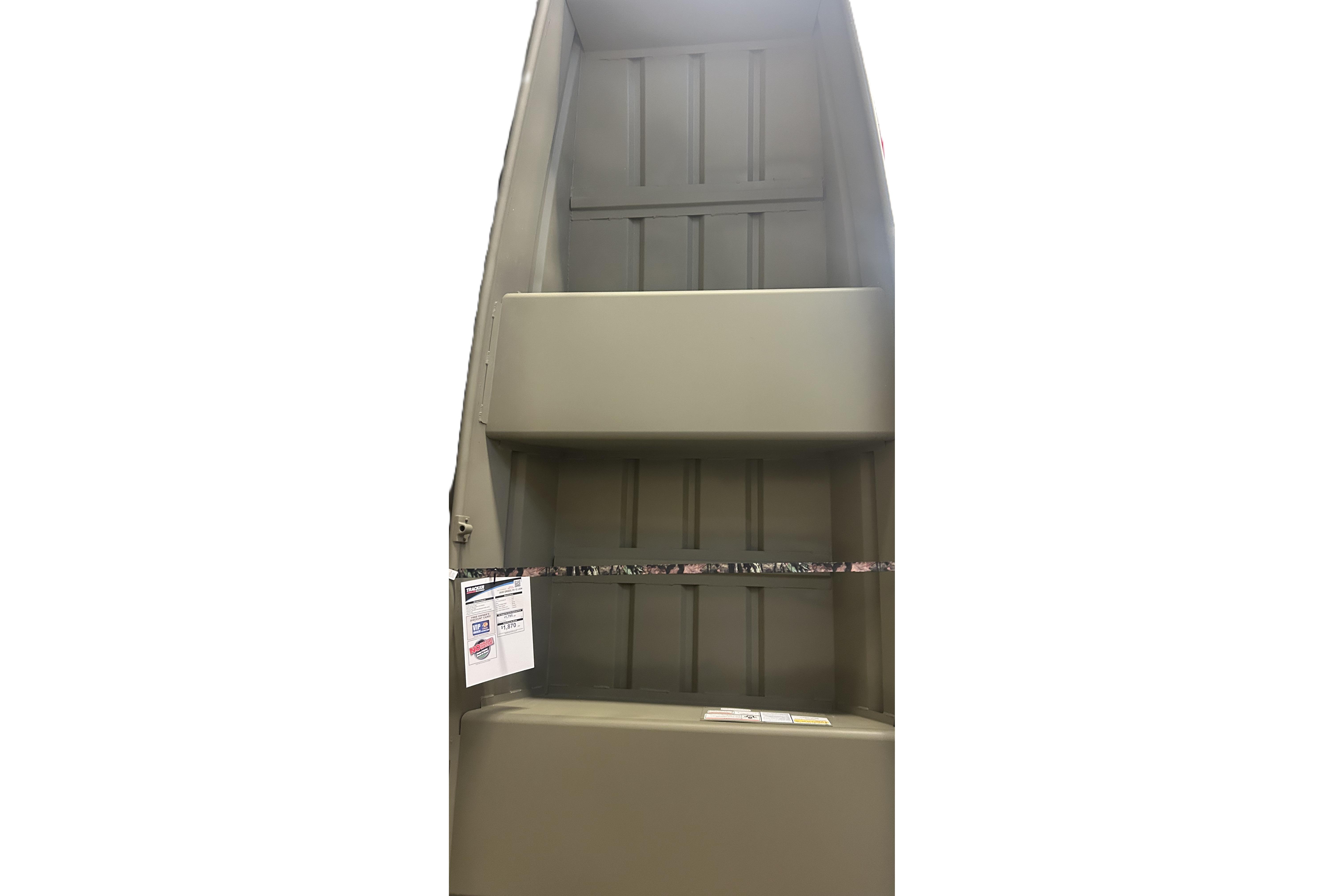 2026 Tracker Grizzly 12 Jon boat, interior view, showcasing seating and storage.