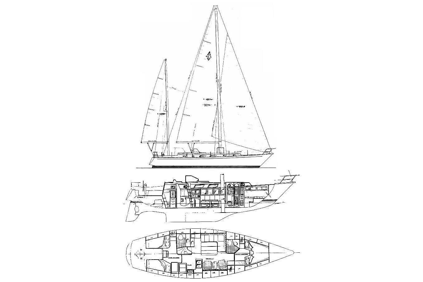 Blueprint of 1984 Bristol 45.5 Center Cockpit sailboat, showing side and top views.