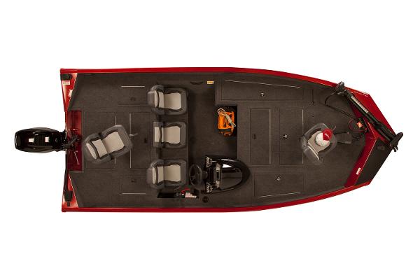 Manufacturer Provided Image: 2021 Lowe Stinger 175C fishing boat, top view, red and black design, seating for three.