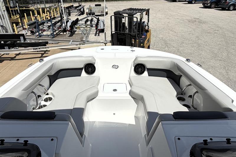 2026 Hurricane SunDeck Sport 2050 OB boat interior with spacious seating and cup holders.