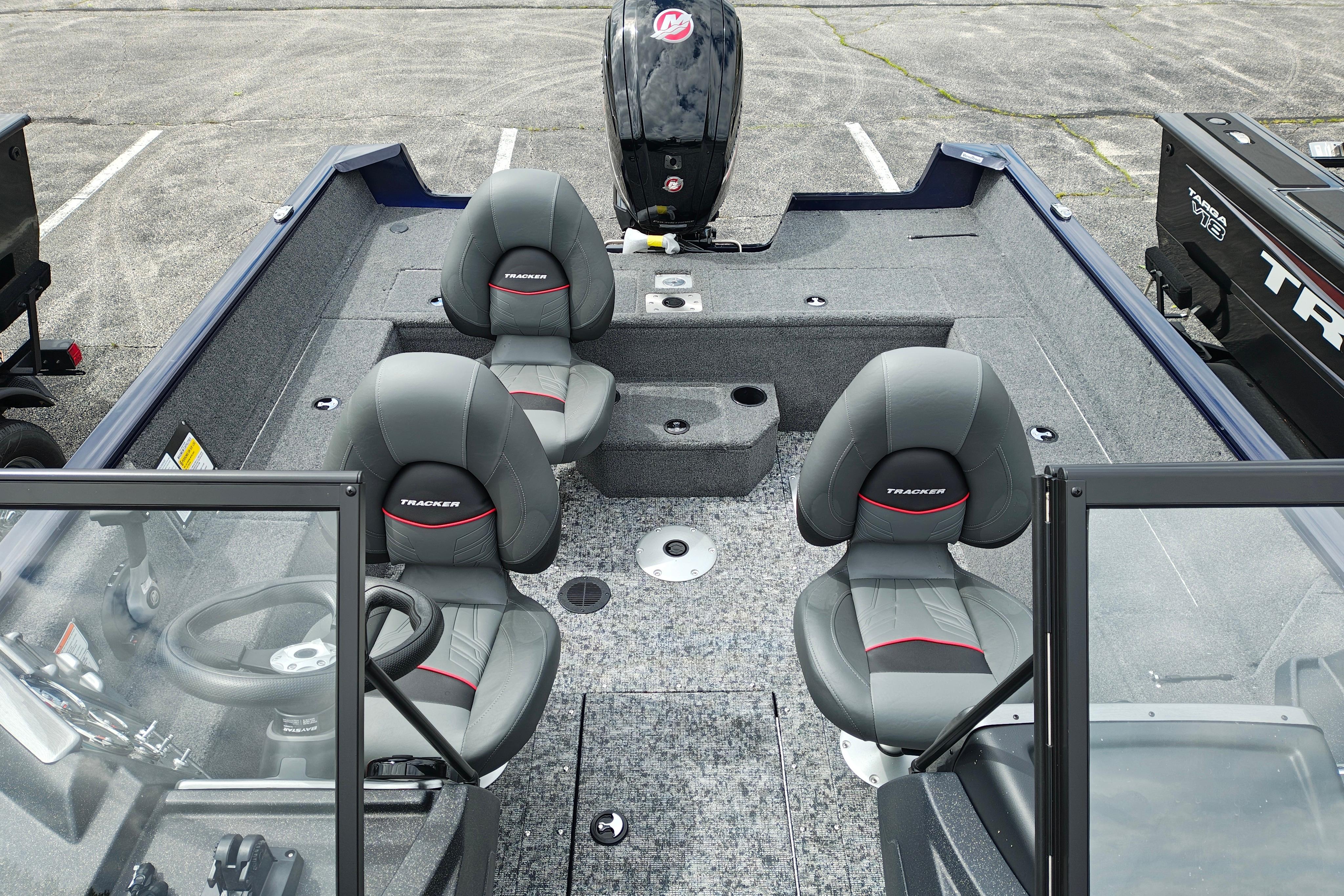 2026 Tracker Pro Guide V-175 WT boat interior with gray seating and steering console.