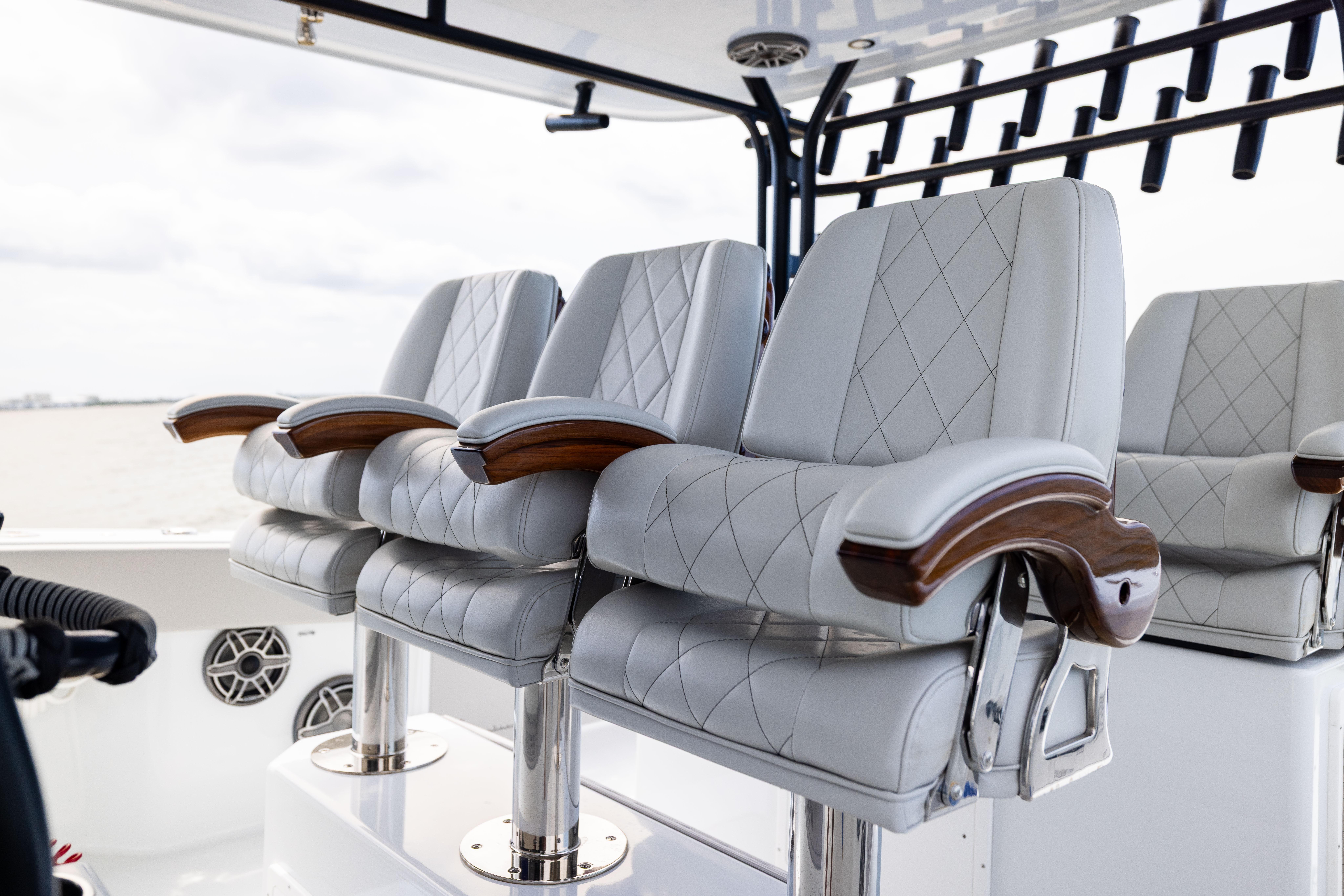 Luxurious seating on 2025 Freeman 42 LR boat with elegant design and comfort.