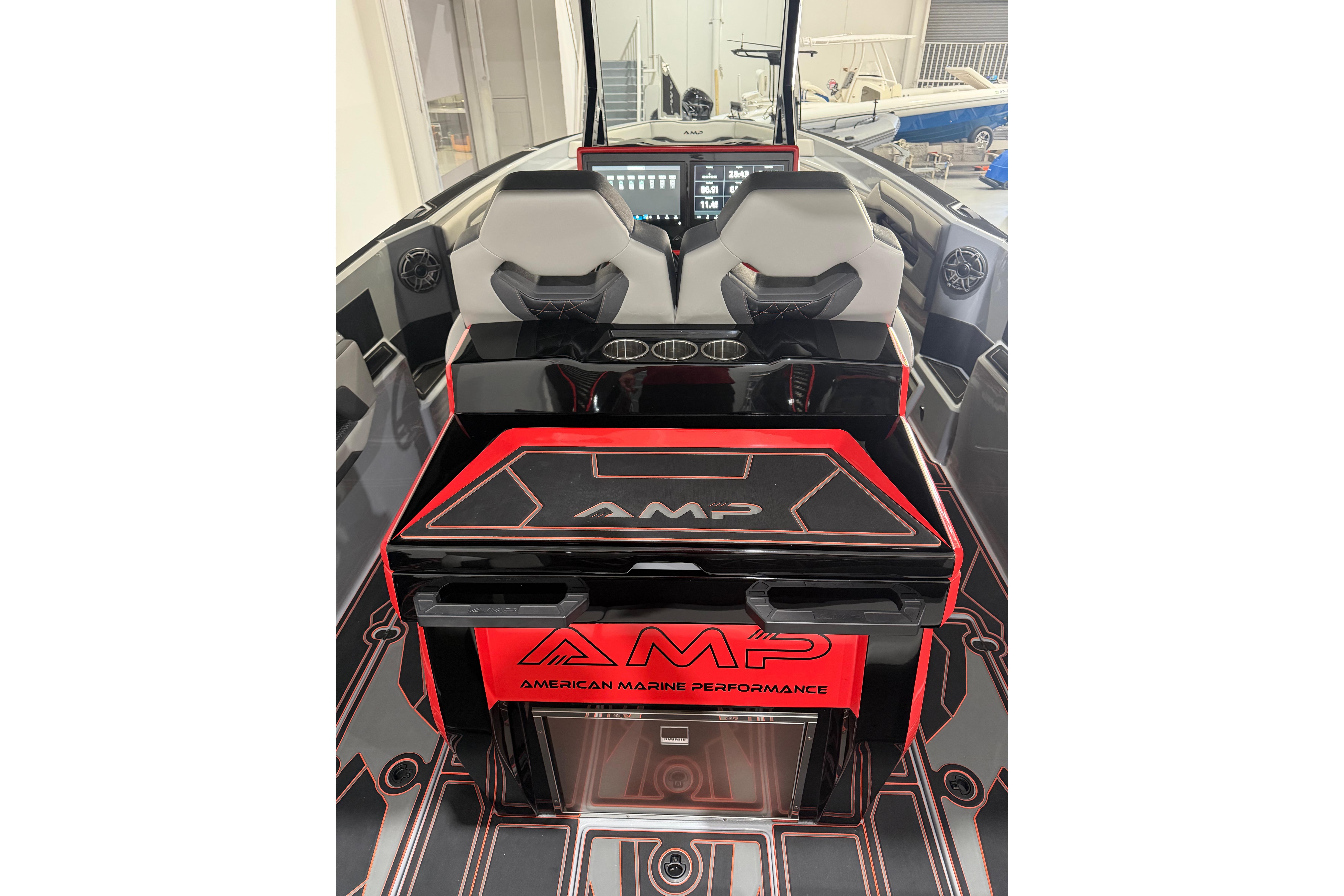 2026 AMP 333 boat interior with modern design and advanced dashboard controls.