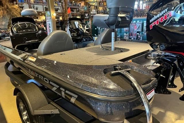 2026 Nitro Z17 boat with Mercury Pro motor, displayed indoors.