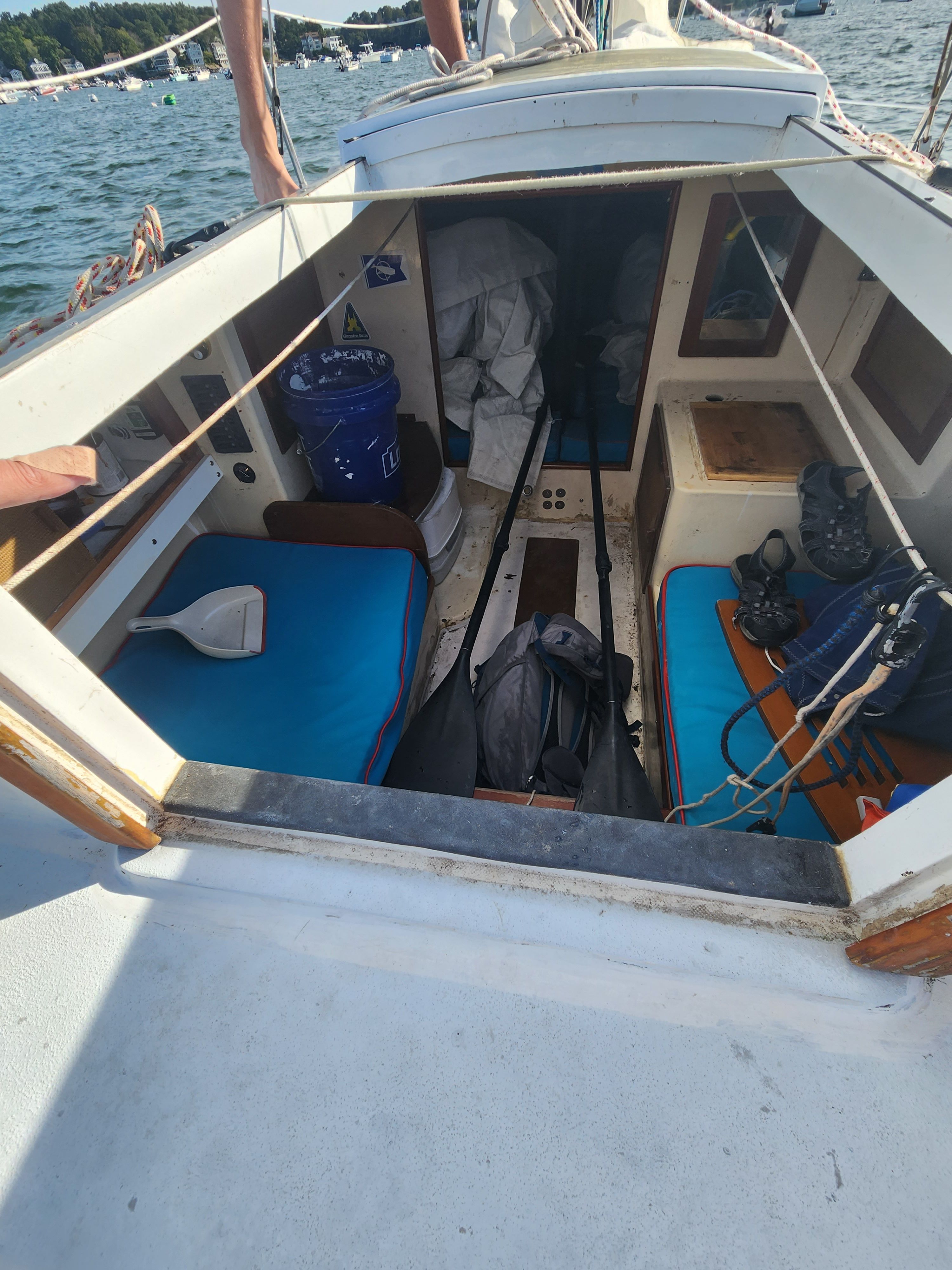 Interior of a 1978 J Boats J/24 sailboat on the water.