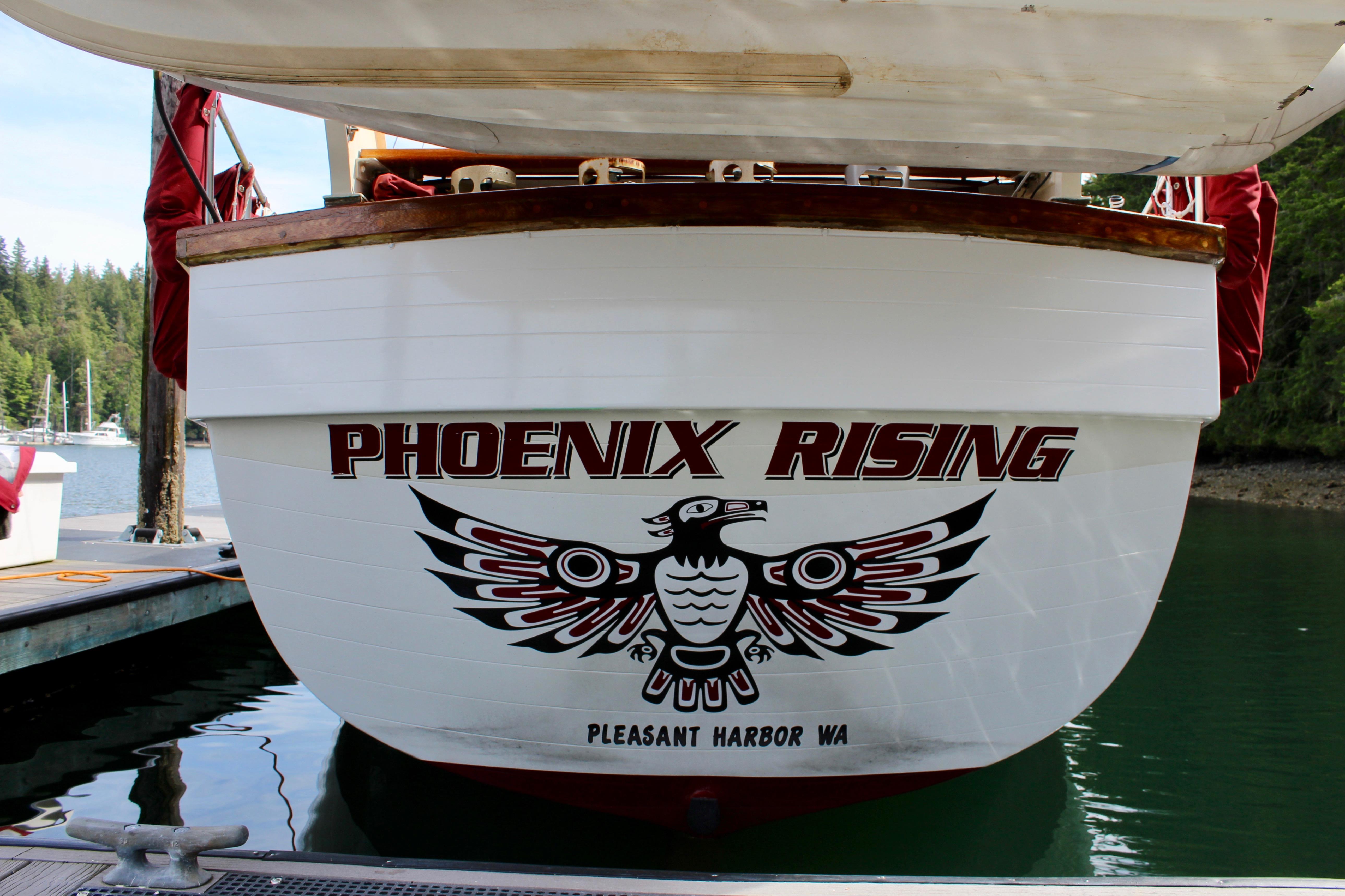 Sailboat "Phoenix Rising" docked, Skookum 53, 1981, Pleasant Harbor, WA.