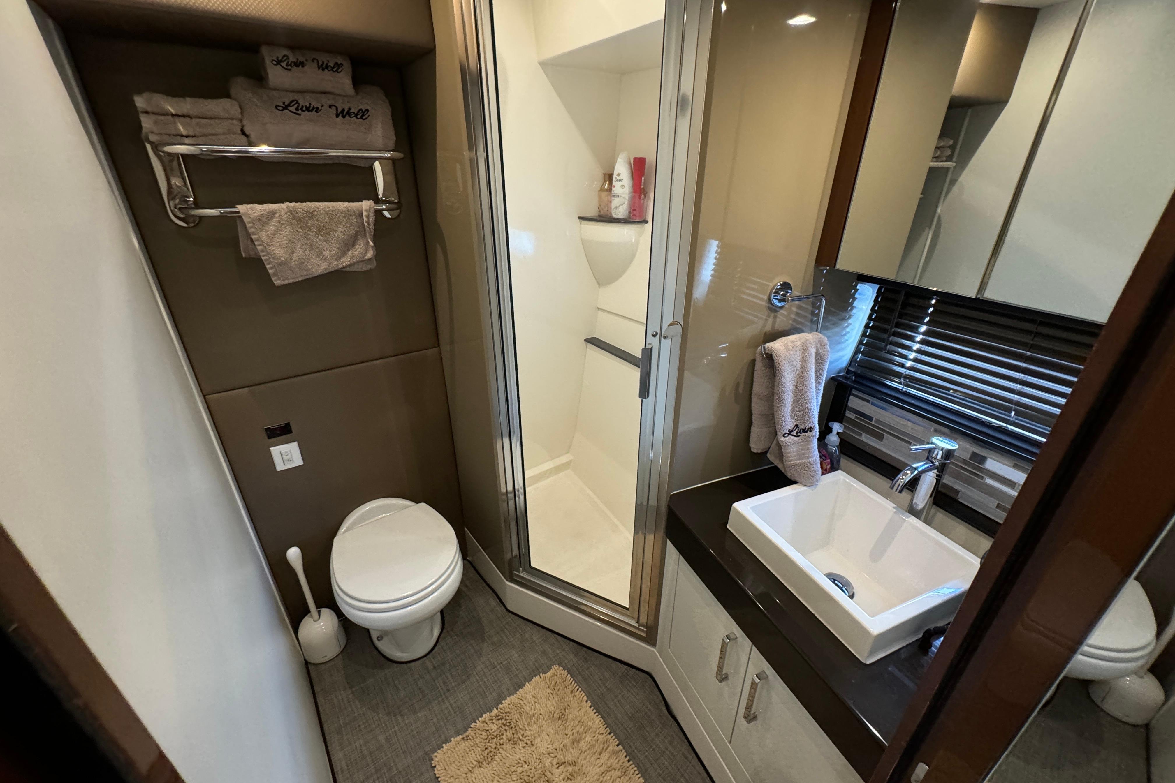 2017 Carver C40 Command Bridge bathroom with shower, sink, and toilet, featuring modern amenities.