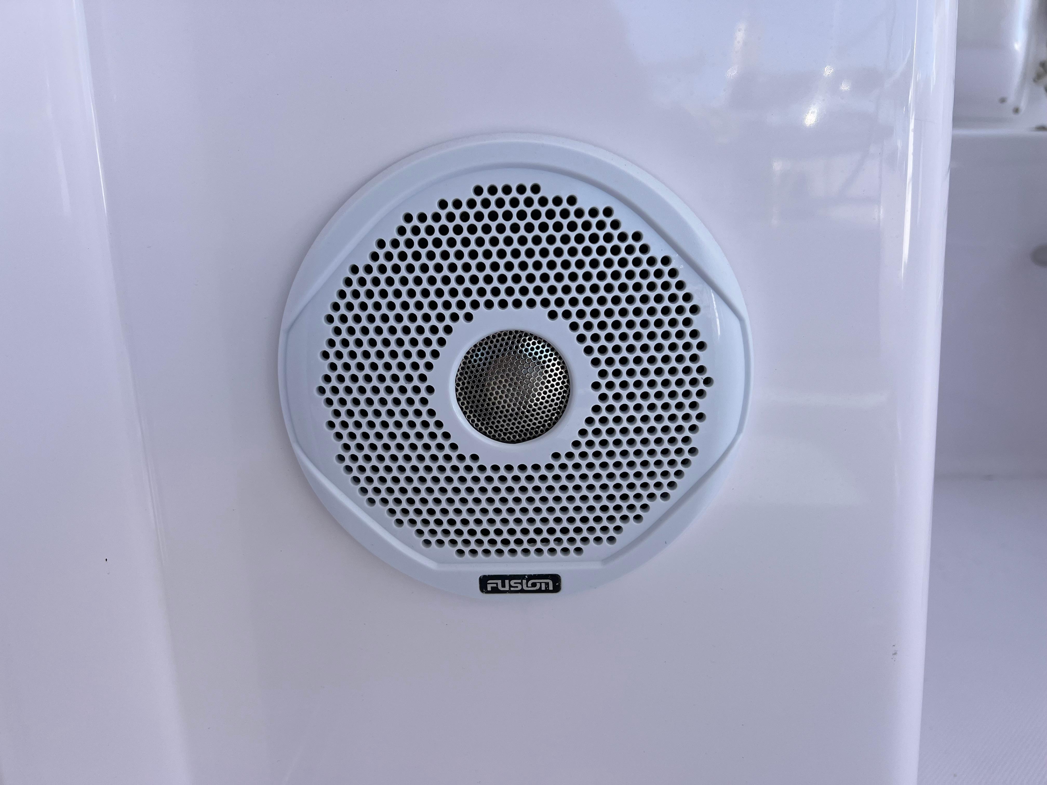 Fusion speaker on a 2020 Seawind 1260 yacht, mounted on a white surface.